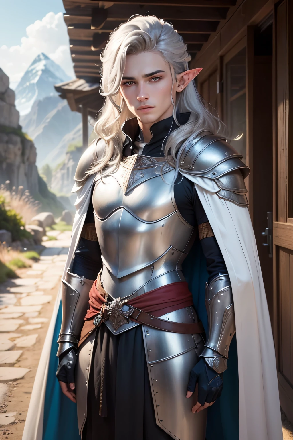 ((best qualityer)), ((work of art)), (detailded), ((best quality)), ((masterpiece)), (detailed), Prize-winning works, with incredible details, maximum textures and details, uhd ,8K,super resolution ,depth of field, retina, masterpiece, anatomically correct, textured skin, super detail, high details, highres ,1 Male elf fantasy warrior adventurer ,long gray hair ,rosto ultra detailded ,blue colored eyes, wide chin , wearing light adventurer armor , gray gauntlets and gloves, red breastplate, long white and silver cape ,fully body, olhos penetrantes hiperdetaildeds , olhos detaildeds ,white light armor(25 year old young man :1.1,olhos detaildeds, rosto detailded, whole body:1.1,the bottom is a valley ,mountains and forest ),(best qualityer:1.2,ultra-detailded:1.1,realisitic:1.37) ,eyeshadows, sharp focus, swirly vibrant colors,)