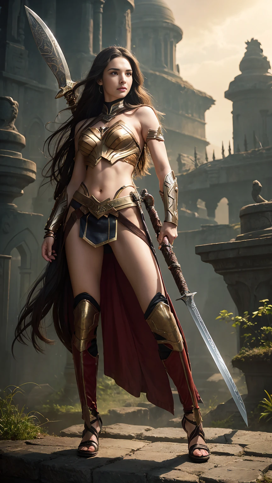 (((full body photo))),a woman dressed as a warrior holding a sword, sexy painting of gal gadot, tyler edlin fantasy art, fantasy woman, gal gadot as hell lord, zenescope, a very beautiful berserker woman, magali villeneuve', as seen on artgerm, very beautiful female barbarian, artgerm julie bell beeple, 4k fantasy art