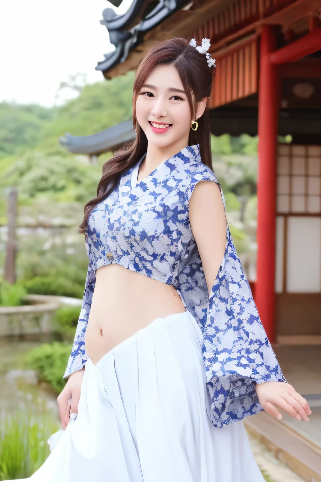 Highest quality, masterpiece, Ultra-high resolution, (Realistic: 1.4), Japanese women, smile, shy, belly button, Delicate makeup, Gorgeous Jewelry, horse face dress, Detailed aspect,, 1 Girl, White clothes, Lotus print, Maple Leaf Print, alone, arms, (magic circle: 1.2), Xiuxian, 上Half Body, beautiful girl, Half Body, East Asian architecture, sheath, construction,