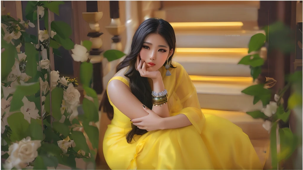 Korean araffe woman in a yellow dress sitting on a set of stairs, with yellow cloths, beautiful yellow woman, traditional beauty, actress, lady using yellow dress, shades of yellow, stunning elegant pose, stylish pose, high res, yellow clothes, yellow colours, yellow hue, portrait shot, yellow, on a yellow canva, (((yellow))), attractive pose