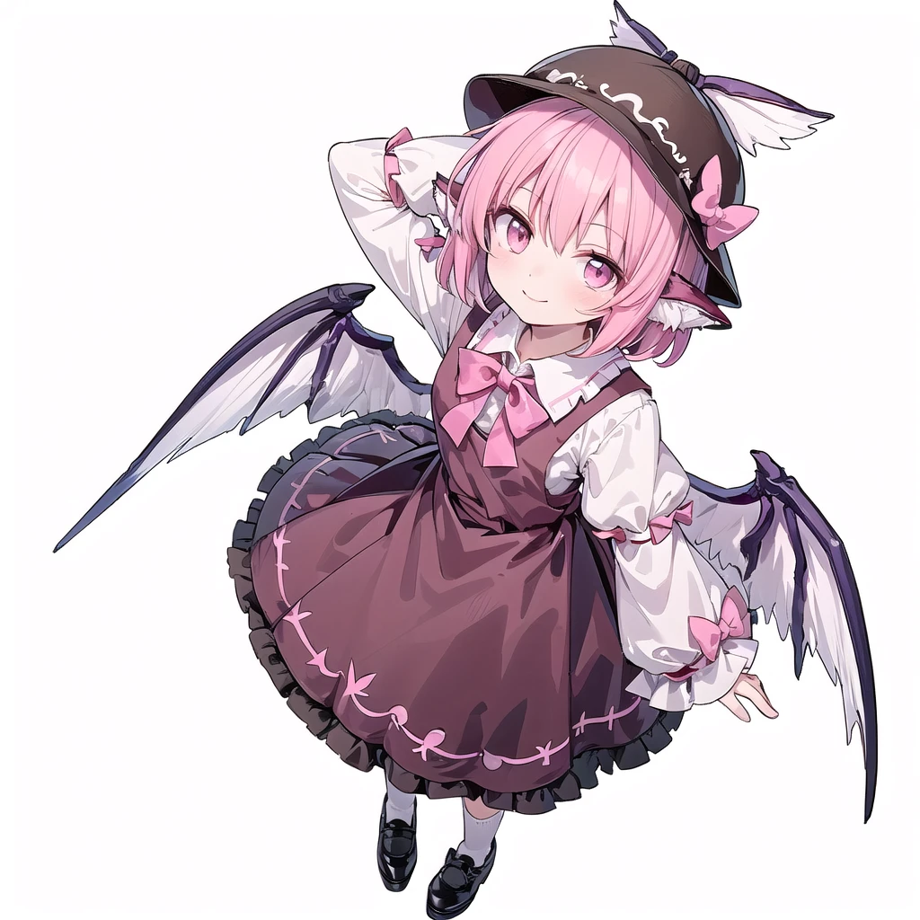  (((one girl))),(((mystia lorelei))),(((touhou))),(((short hair,pink hair))),(((pink eyes))),(((brown headwear, hat))),(((brown dress,pinafore dress,white shirt,collared shirt,dress bow,pink bow,long sleeves,frilled sleeves,kneehighs,black footwear))),(((smile))),(((full body))),(((arms behind head))),(((model posing))),(((simple white background))),(((Angle from above:1.5)))