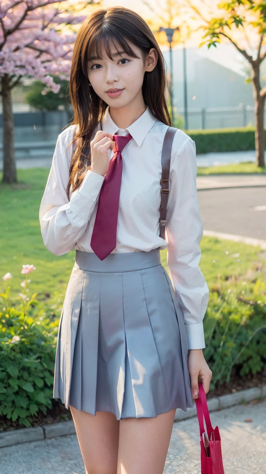 ((((detailed explanation)))),(((masterpiece、Highest quality、Very detailed:1.42、Focus on the eyes)))、Japanese high school girl posing in the schoolyard in the evening。She is wearing a white shirt and a navy blue pleated skirt.、wearing a red ribbon tie。The shirt is clean、Well ironed。Shirt sleeves rolled up slightly to the elbows、A simple silver bracelet shines on her wrist.。The skirt of the uniform is above the knee、The pleats on the skirt are neatly arranged。

The model has naturally straight, shoulder-length black hair.、Bangs should be slightly over the eyebrows。Her hair is bathed in the sunlight、Soft and shining。His face is well-formed.、大きな瞳はShe has a pure and bright expression.。Her skin is translucently white、The slightly reddish cheeks give a healthy impression.。唇は自然なpink色で、When you smile, small dimples appear。

In the background is a large schoolyard.、You can see some rusty iron bars and playground equipment.。The sky is dyed with the sunset、orange、pink、The purple gradation spreads beautifully.。There is a large cherry blossom tree behind the model.、The leaves are swaying in the wind。There are some weeds growing at my feet.、Gives a sense of reality。

The lighting is soft and natural, gently enveloping the model.、Warm hues illuminate her face and uniform.。She has a natural smile、Her left hand is lightly lifting the edge of her skirt。The right hand is placed on the hip、The pose is relaxed yet somewhat confident.。Her eyes are on the camera、She has a pure and bright expression.。

Overall、A fusion of the freshness of youth and the calm atmosphere of the evening.、The aim is to create an elegant yet approachable photographic image.。
