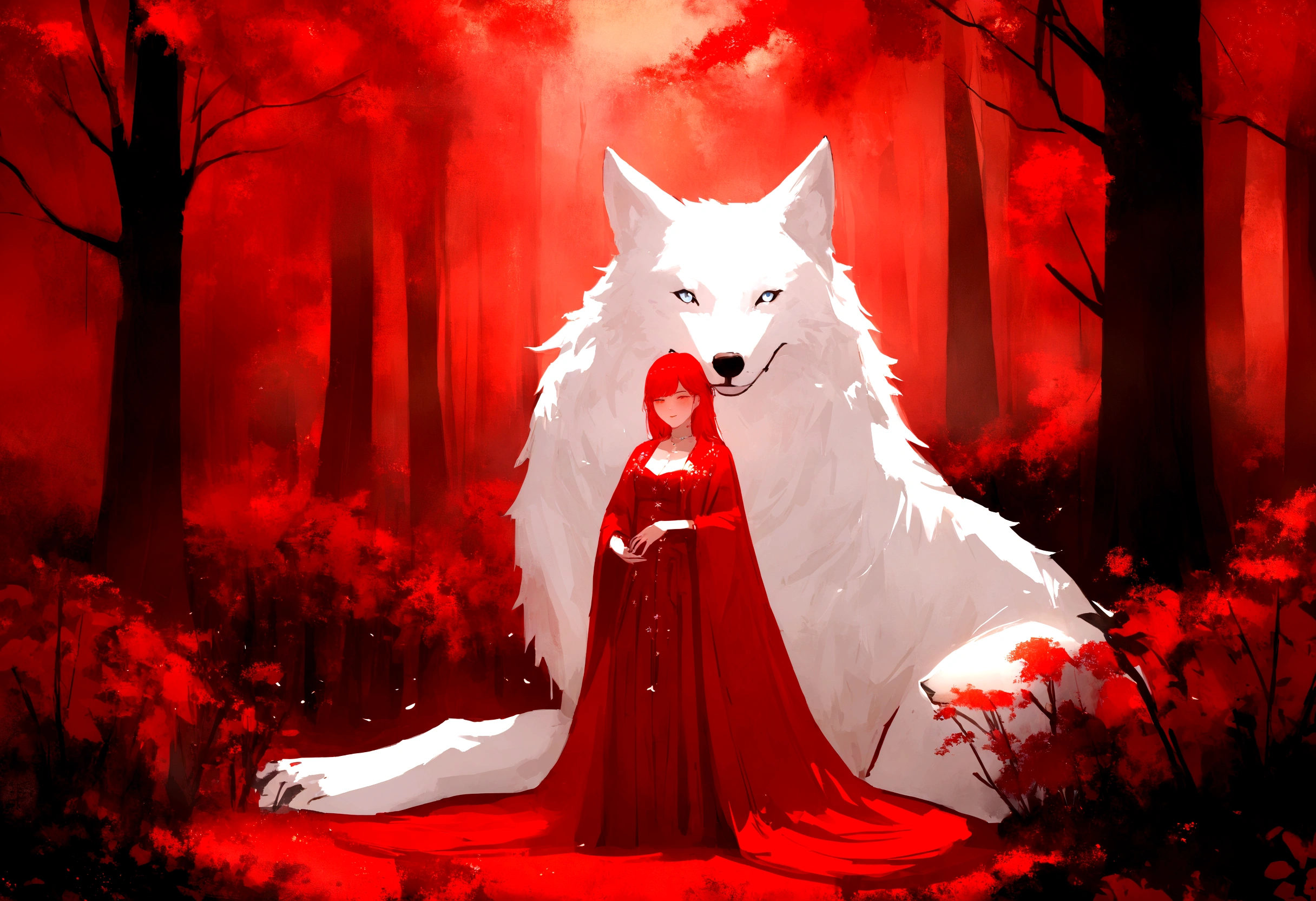 (work of art, best qualityer:1.2), realistic white wolf , In the ancient forest, in a red dream world, red forest, in a red forest, incredible depth, red mood in background, shades of red, fot