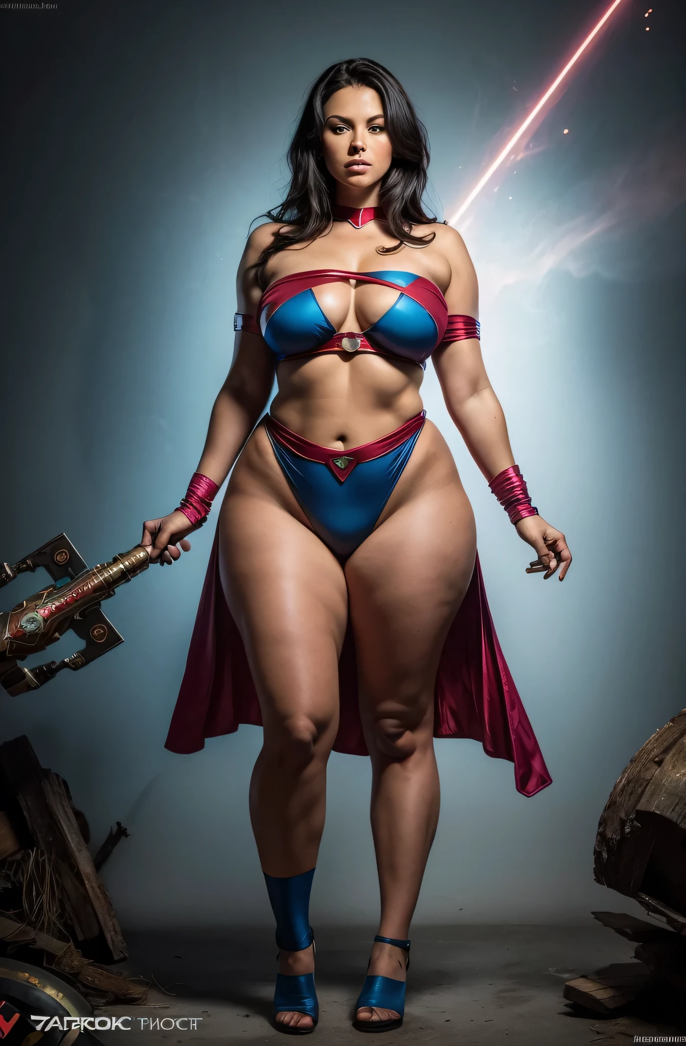 foto de uma superheroina, standing, (pink skin tone), staring overhead, eye contact, (mouth wide open: 1,0), chubby body, Waist slender, Female One, huge and round breasts, wearing blue and red strapless leotard, (dark haired:1.2 ), venat, beautiful face, fleshy lips, Slender Face, protruding cheekbones, brawny, No Mohrbacher artistic style, in style of peter mohrbacher. (Thick thighs:1.2), (full body:1.5), (body shot:1.5)