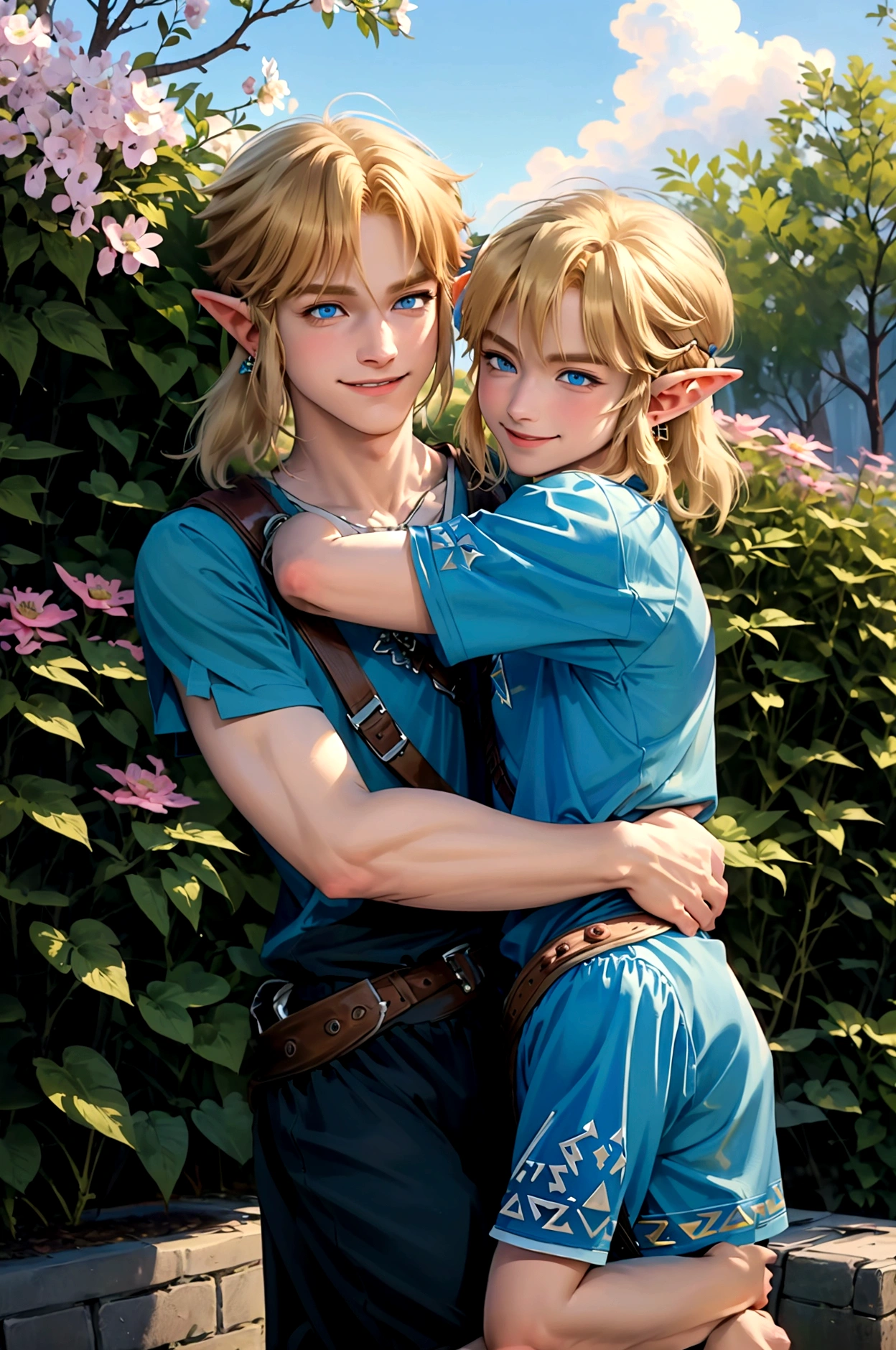 ((artwork)), (Highest quality), (detailed), ((1 boy)), (Link to the Legend of Zelda), smile, A short-haired, blue-eyed boy and a long-haired, blonde girl are hugging each other, Spring season, Bright colors