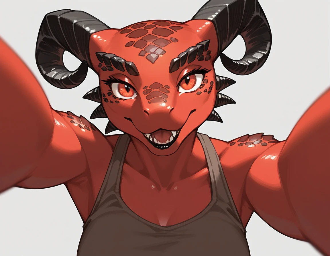 Solo, score_9,score_8_up,score_7_up, kemono style, Anthro Argonian female from skyrim, Anthro reptile girl, snout, red scaled skin, red eyes, black lips, black horns, black ram horns, athletic body, smiling, wearing brown tank top, pov, pov she is holding viewers face, simple grey background