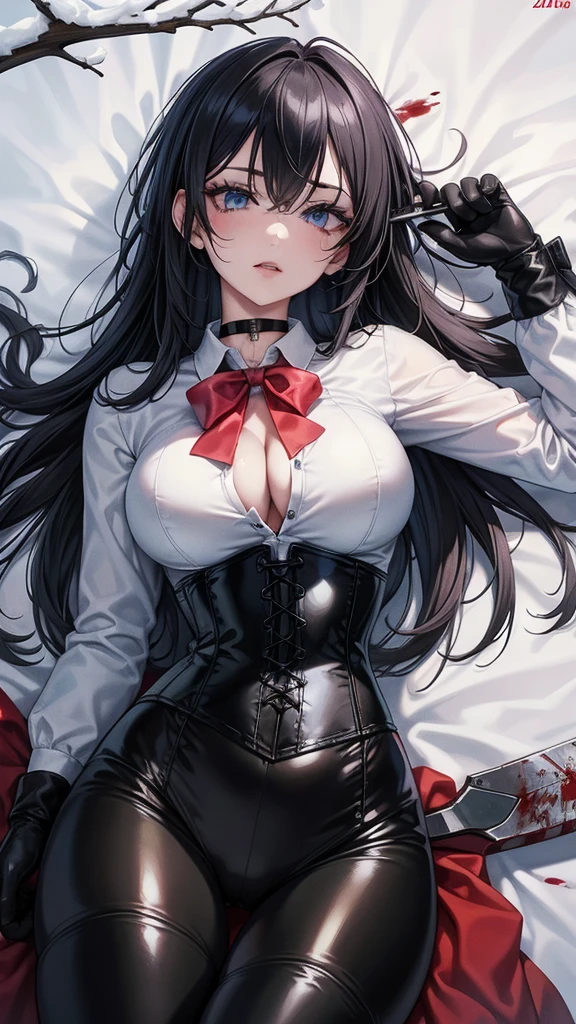 ((blood droplets)), ((blood)), ((blood splatter)), ((blood on clothes)), ((blood stain)), Masterpiece, Beautiful art, professional artist, 8k, art style by sciamano240, Very detailed face, Detailed clothing, detailed fabric, 1 girl, View from above, lying completely on the ground, perfectly drawn body, terrified expression, pale skin, beautiful face, long black hair, Blue eyes, very detailed eyes, pink cheeks, choker:1.6, (white collar button down long sleeve shirt), black gloves, gloves that cover hands, (holding an ax in his right hand), (black leather corset), (shiny black leggings), Sensual Lips , evening de invierno,  show details in the eyes, looking at the viewer, Dark road, Snowy forest, evening, Atmosphere, snow