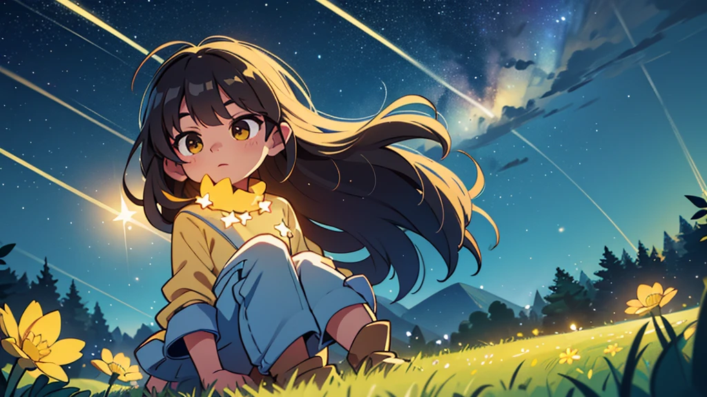 4k ultra HD night sky beautiful perfect stars, empty field of grass with delicate yellow glowing flowers, perfect lighting night, stars, constellations