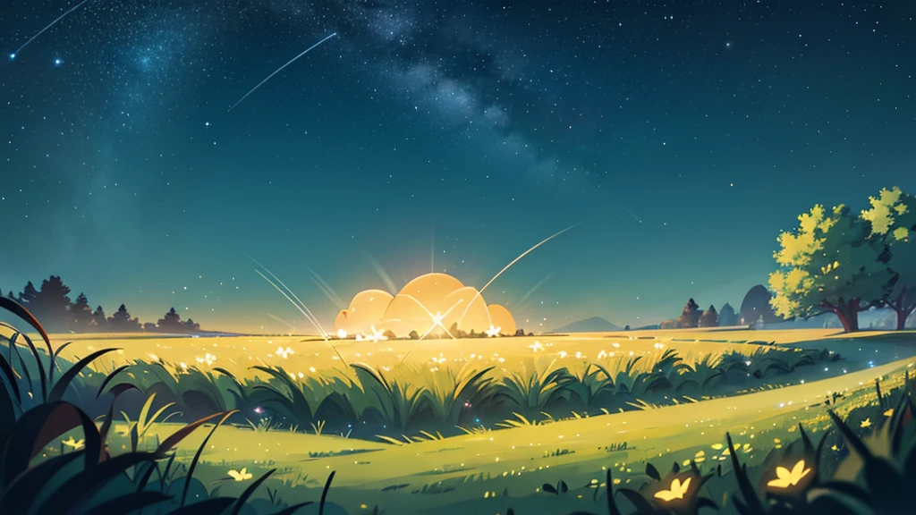 4k ultra HD night sky beautiful perfect stars, empty field of grass with delicate yellow glowing flowers, perfect lighting night, stars, constellations