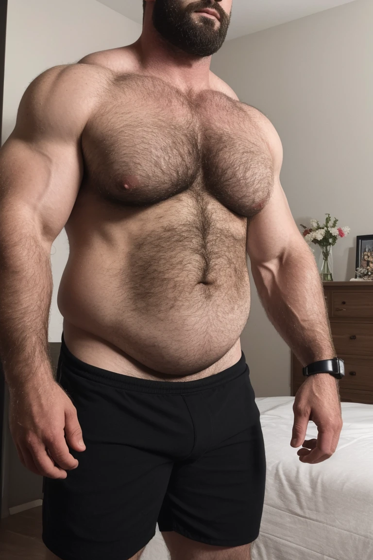 8K HDR Very Extremely Realistic Very Detailed High Quality 8K HDR Very Realistic 46 year old daddy rugged bodybuilder muscle bears man, 8KHDR very realistic detailed hairy, 8KHDR very realistic beared big daddy muscle bear, and 8KHDR very realistic detailed rugged burly man in shorts. 8KHDR Very Realistic legs, 8KHDR very realistic hair, 8KHDR very realistic beards, 8KHDR very realistic thick chubby fat neck, 8KHDR very realistic neck lines, 8KHDR very realistic detailed neck, 8KHDR very realistic belly, 8KHDR very realistic burly chest, 8KHDR very realistic detailed hairy burly strong chest and arms, 8KHDR very realistic detailed hairy burly strong chest and arms, 8KHDR very realistic pecs, 8KHDR very realistic burly muscle bear body, 8KHDR very realistic nipples, 8KHDR very realistic burly muscle bear body, 8KHDR very realistic face, 8KHDR very realistic detailed face, 8KHDR very realistic eyes, 8KHDR very realistic detailed eyes, 8KHDR very realistic pupils, 8KHDR very realistic detailed pupils, 8KHDR very realistic head, 8KHDR very realistic waist, 8KHDR very realistic facial features, 8KHDR very realistic burly arms, 8KHDR very realistic elbows, 8KHDR very realistic hands, 8KHDR very realistic pecs, 8KHDR very realistic belly, 8KHDR very realistic human man body, 8K HDR very realistic bellybutton, 8KHDR very realistic wrists, 8KHDR very realistic fingers, 8KHDR very realistic fingernails, 8KHDR very realistic shoulders, 8KHDR very realistic mouth, 8KHDR very realistic lips, 8KHDR very realistic mens clothing, 8KHDR very realistic detailed mens clothing. 8KHDR Very Realistic Hairy Bearded Burly Muscle bear Photoshoot, 8KHDR A very realistic burly muscle bear man in a bedroom, 8KHDR Very Realistic Ultra-detailed, 8KHDR very realistic detailed bedroom surroundings, 8KHDR very realistic surroundings lighting, No Deformities, captured with a 85mm lens, 8K HDR Clear HDR Quality, ( best quality, highres, realistic:1.37), Super real detailed skin, Ultra-detailed