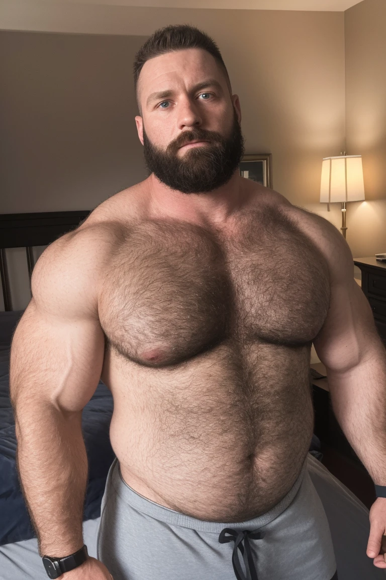 8K HDR Very Extremely Realistic Very Detailed High Quality 8K HDR Very Realistic 46 year old daddy rugged bodybuilder muscle bears man, 8KHDR very realistic detailed hairy, 8KHDR very realistic beared big daddy muscle bear, and 8KHDR very realistic detailed rugged burly man in shorts. 8KHDR Very Realistic legs, 8KHDR very realistic hair, 8KHDR very realistic beards, 8KHDR very realistic thick chubby fat neck, 8KHDR very realistic neck lines, 8KHDR very realistic detailed neck, 8KHDR very realistic belly, 8KHDR very realistic burly chest, 8KHDR very realistic detailed hairy burly strong chest and arms, 8KHDR very realistic detailed hairy burly strong chest and arms, 8KHDR very realistic pecs, 8KHDR very realistic burly muscle bear body, 8KHDR very realistic nipples, 8KHDR very realistic burly muscle bear body, 8KHDR very realistic face, 8KHDR very realistic detailed face, 8KHDR very realistic eyes, 8KHDR very realistic detailed eyes, 8KHDR very realistic pupils, 8KHDR very realistic detailed pupils, 8KHDR very realistic head, 8KHDR very realistic waist, 8KHDR very realistic facial features, 8KHDR very realistic burly arms, 8KHDR very realistic elbows, 8KHDR very realistic hands, 8KHDR very realistic pecs, 8KHDR very realistic belly, 8KHDR very realistic human man body, 8K HDR very realistic bellybutton, 8KHDR very realistic wrists, 8KHDR very realistic fingers, 8KHDR very realistic fingernails, 8KHDR very realistic shoulders, 8KHDR very realistic mouth, 8KHDR very realistic lips, 8KHDR very realistic mens clothing, 8KHDR very realistic detailed mens clothing. 8KHDR Very Realistic Hairy Bearded Burly Muscle bear Photoshoot, 8KHDR A very realistic burly muscle bear man in a bedroom, 8KHDR Very Realistic Ultra-detailed, 8KHDR very realistic detailed bedroom surroundings, 8KHDR very realistic surroundings lighting, No Deformities, captured with a 85mm lens, 8K HDR Clear HDR Quality, ( best quality, highres, realistic:1.37), Super real detailed skin, Ultra-detailed