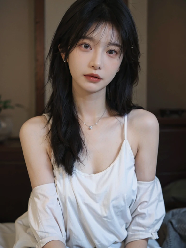 Film portrait photography, 1 girl, bare shoulders,lipstick，（flat chest：1.4）， Shoulder length wavy hair, wear necklace，scarf，earrings，short sleeves，serene, calm, (Realistic and detailed eyes, natural skin texture, Realistic facial details), Soft dramatic lighting, depth of field, Bokeh, big breasts，Areola，split，cleavage，Vibrant details, Detailed and detailed, surreal, 35mm film, hazy, ,