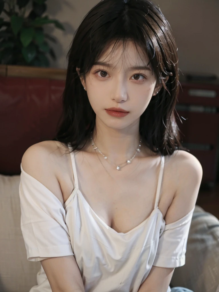Film portrait photography, 1 girl, bare shoulders,lipstick,(flat chest:1.4), Shoulder length wavy hair, wear necklace,scarf,earrings,short sleeves,serene, calm, (Realistic and detailed eyes, natural skin texture, Realistic facial details), Soft dramatic lighting, depth of field, Bokeh, big breasts,Areola,split,cleavage,Vibrant details, Detailed and detailed, surreal, 35mm film, hazy, ,