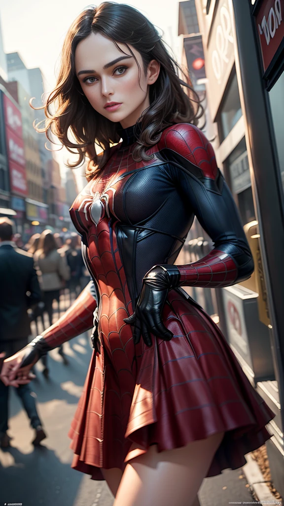 Keira Knightley、マーベルコミックの映画Poster、so beautiful、Movies about Spider-Man、sexy、whole body、Wearing a skirt、Premiere Date、Poster、belly buttonを突き出す、new york、She&#39;s wearing a ripped Spiderman suit、The suit is torn、Wearing a skirt、Red and black color scheme、dynamic、masterpiece、Highest quality、Super detailed、Very detailed、Delicate and beautiful shine、Ultra-high resolution、Cinematic、break、breakドロップ、(Torn clothes:1.5)、(Wet clothes:1.4)、Bare shoulders、Real Rain、Wet Hair、belly button、Exposed Skin、sexyな肩を披露