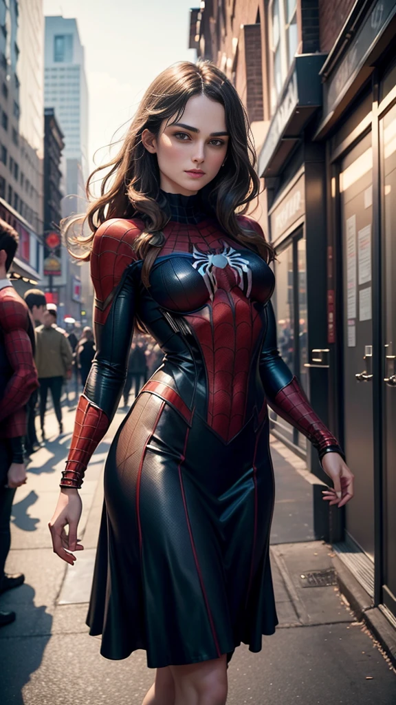 Keira Knightley、マーベルコミックの映画Poster、so beautiful、Movies about Spider-Man、sexy、whole body、Wearing a skirt、Premiere Date、Poster、belly buttonを突き出す、new york、She&#39;s wearing a ripped Spiderman suit、The suit is torn、Wearing a skirt、Red and black color scheme、dynamic、masterpiece、Highest quality、Super detailed、Very detailed、Delicate and beautiful shine、Ultra-high resolution、Cinematic、break、breakドロップ、(Torn clothes:1.5)、(Wet clothes:1.4)、Bare shoulders、Real Rain、Wet Hair、belly button、Exposed Skin、sexyな肩を披露