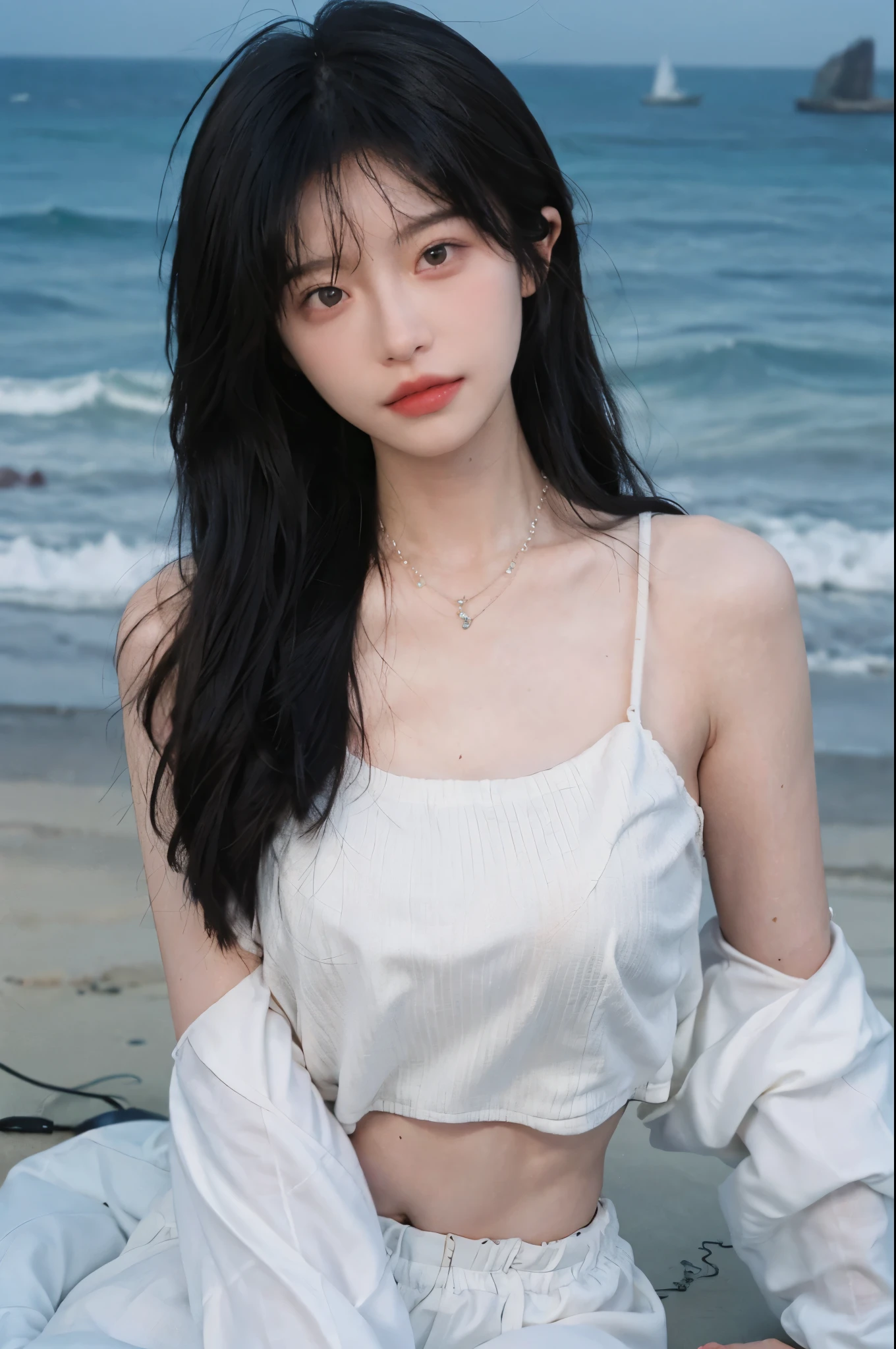 Best quality，Ultra-high resolution，（lifelike：1.4），Cute hairpin，2girll，Long curly hair，jk，Blush，Slim beauty：1.4，Visible abdominal muscles，on the beach，Ultra-fine face，Exquisite eyes，Double eyelids，necklace