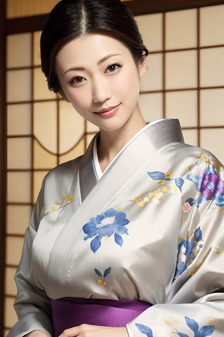 (Highest quality、Tabletop、8K、Best image quality、Award-winning works)、(One beautiful mature woman:1.1)、(Innkeeper:1.1)、(Elegant floral kimono:1.2)、(A kimono with a perfect and precise collar:1.2)、Perfect mature woman portrait photo、Glowing Skin、Standing Elegantly、(Blurred elegant and exquisite perfect Japanese style room background:1.3)、(The most natural and perfect tidy Japanese style room background:1.2)、Glowing White Skin、Very white skin、(Accentuate your body lines:1.1)、(The most graceful posture:1.2)(Large Breasts:1.2)