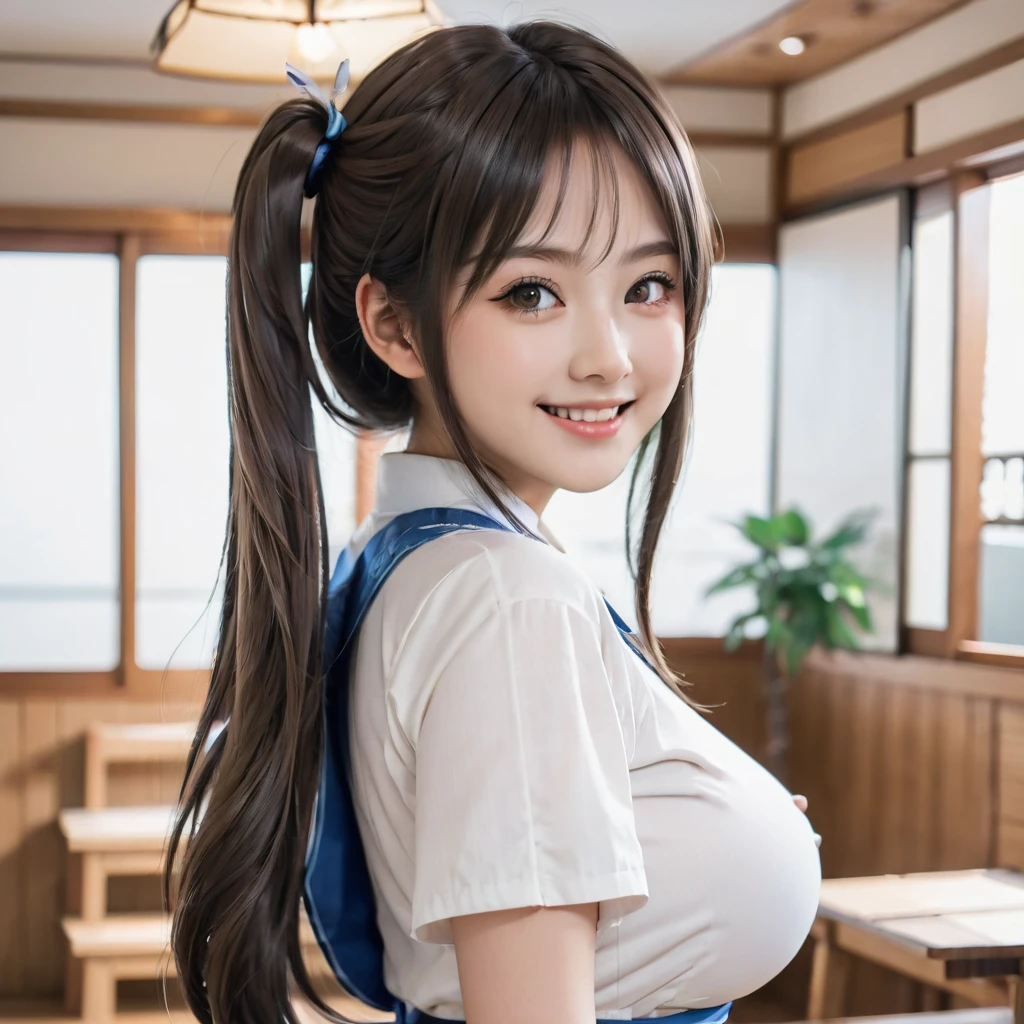  Twin tail hairstyle, Japanese Girls, 8K, Big Breasts,cute、Shooting from behind、Butt、Sexy rupture、 Highest quality, masterpiece, Realistic, Photorealistic Super Detail, One Girl, cute, Best Smile, Beautiful Eyes, Long Hair, Perfect Face,Full Body Shot