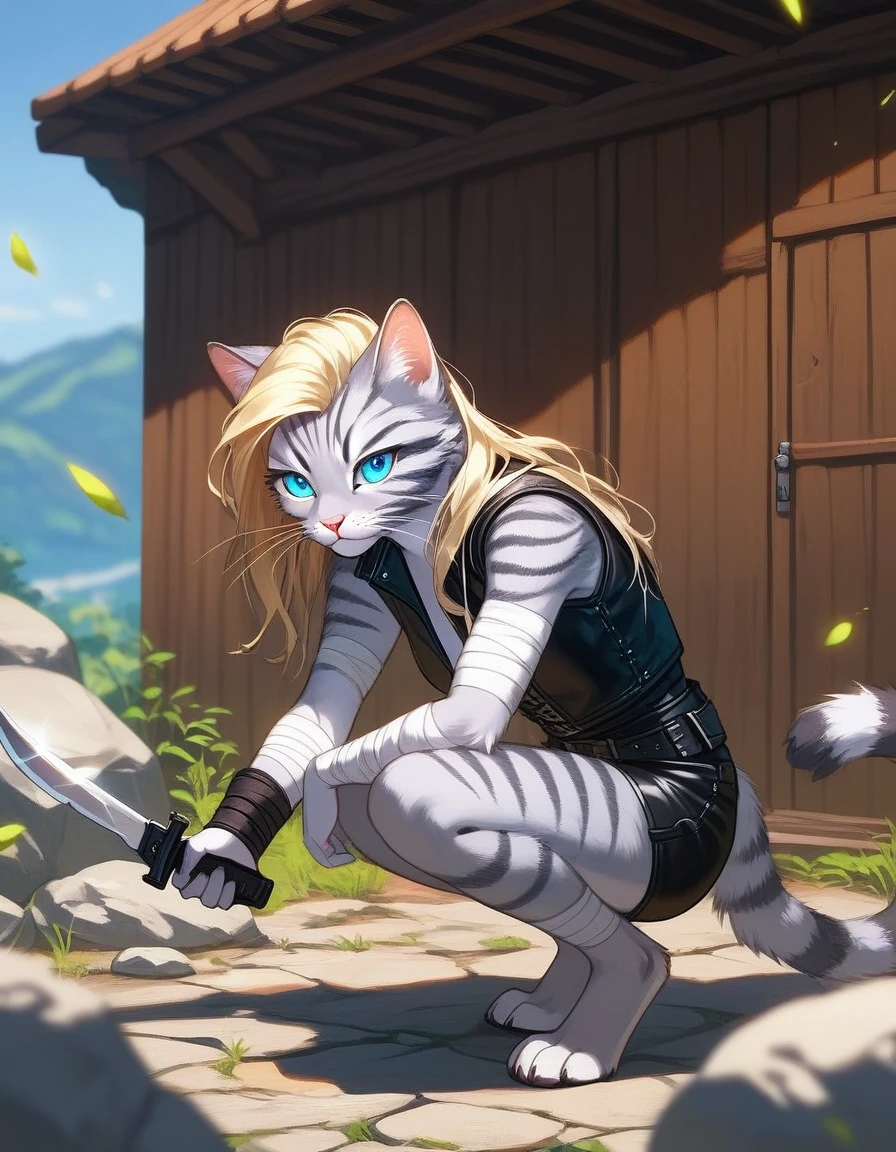 Solo, score_9,score_8_up,score_7_up, source_furry, kat, Anthro furry feline, female, tall slender body, long blonde hair, long undercut hair, pink nose, :3, blue eyes, white whiskers, silver fur, grey stripes, furry body, wearing black cloth vest, black leather medieval vest, black short shorts, adventuring gear, feet wrapped in bandages, outdoors, nighttime, squatting, assassins pose, holding a combat knife, eyes glowing blue, on a rock,