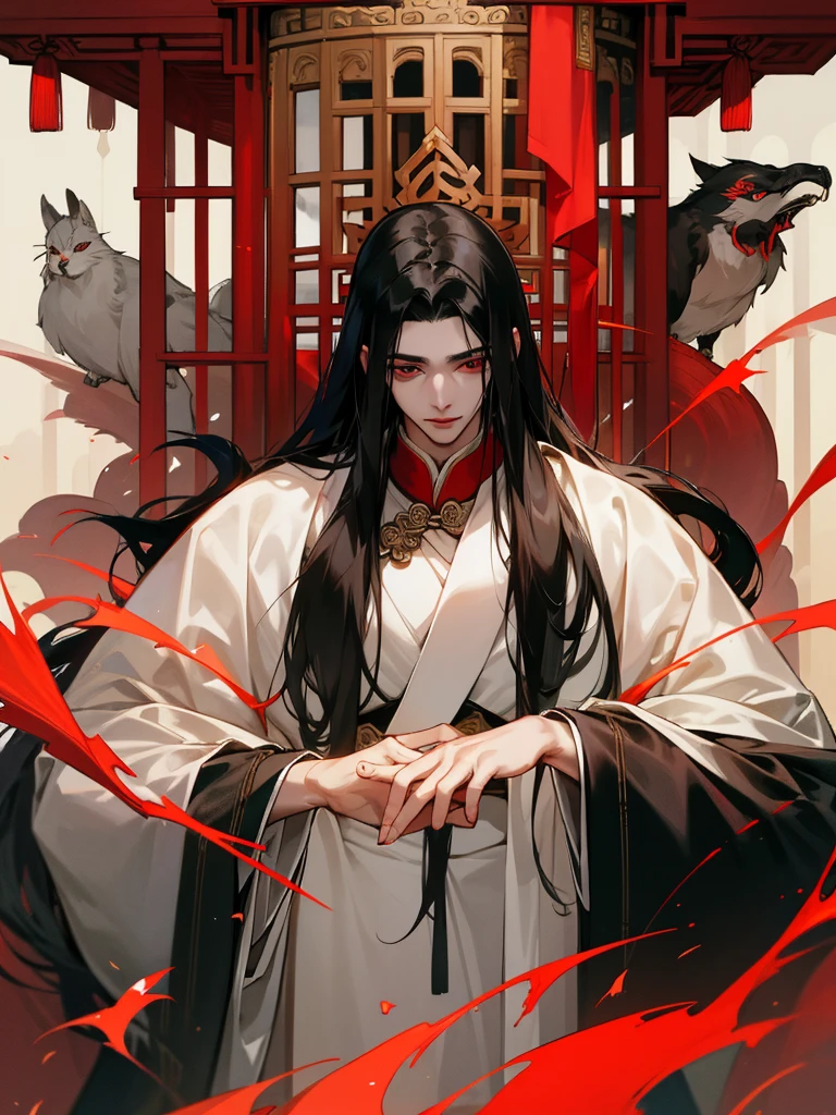 In the huge cage was a young man, a royal, with long black hair, red eyes, fair skin, and gorgeous Chinese clothing.