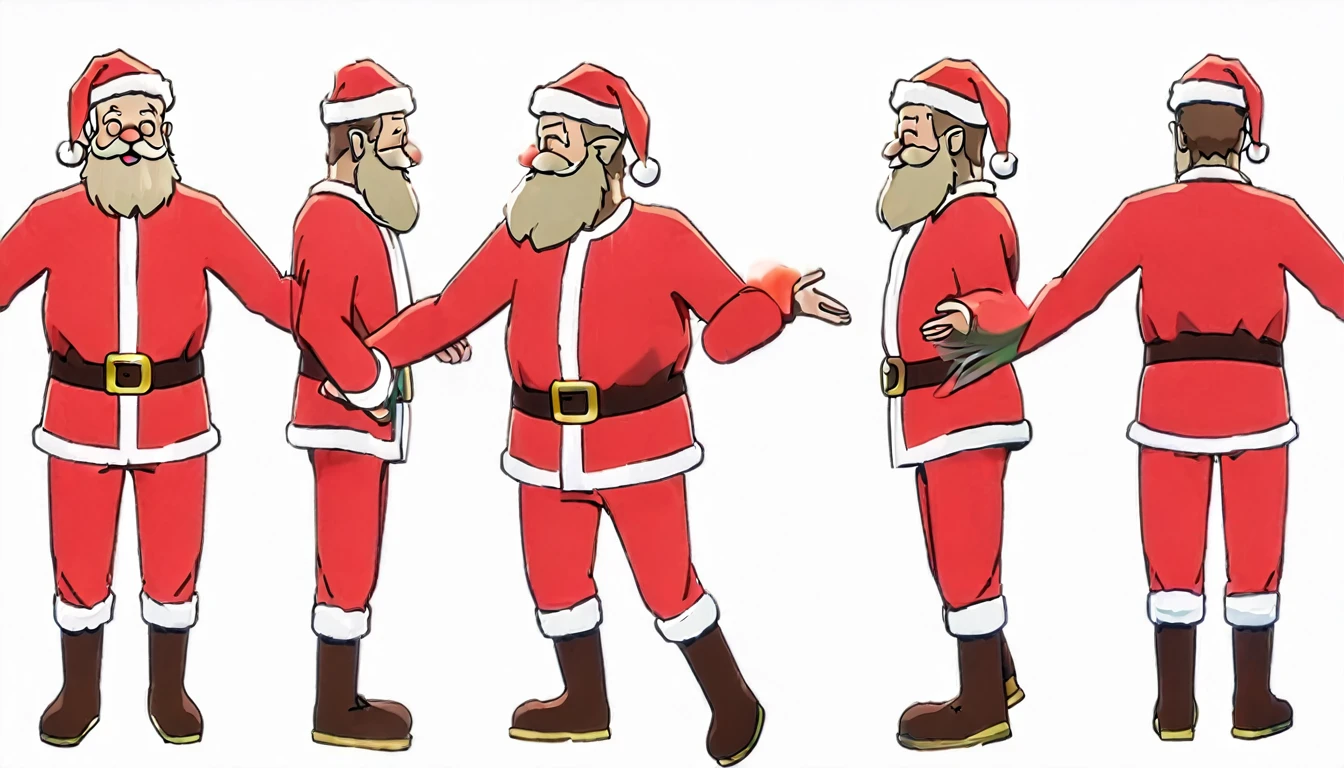 1 male,Santa Claus,frond an side,T pose, multiple views, front and side beautiful, masterpiece, best quality, perfect lighting,8k,simple white background ,SFW.