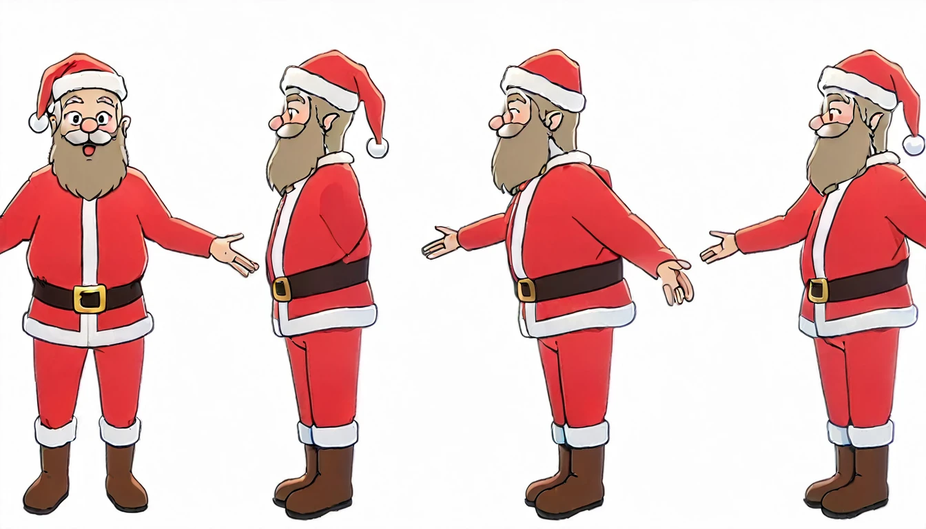 1 male,Santa Claus,frond an side,T pose, multiple views, front and side beautiful, masterpiece, best quality, perfect lighting,8k,simple white background ,SFW.