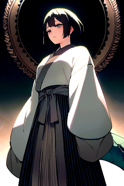 A youthful-looking woman with a slim build and short hair but who has two ponytails hanging down her back, spread apart. Her hair is dark and her ponytails are lighter, she has dark eyes with several scars on her face with sharp fangs. She wears a haori with a kimono and a hakama, her abdomen is showing scales and scars, she wears medieval cloth on her arms and accessories on her clothing, It has a long shark tail that is very long.