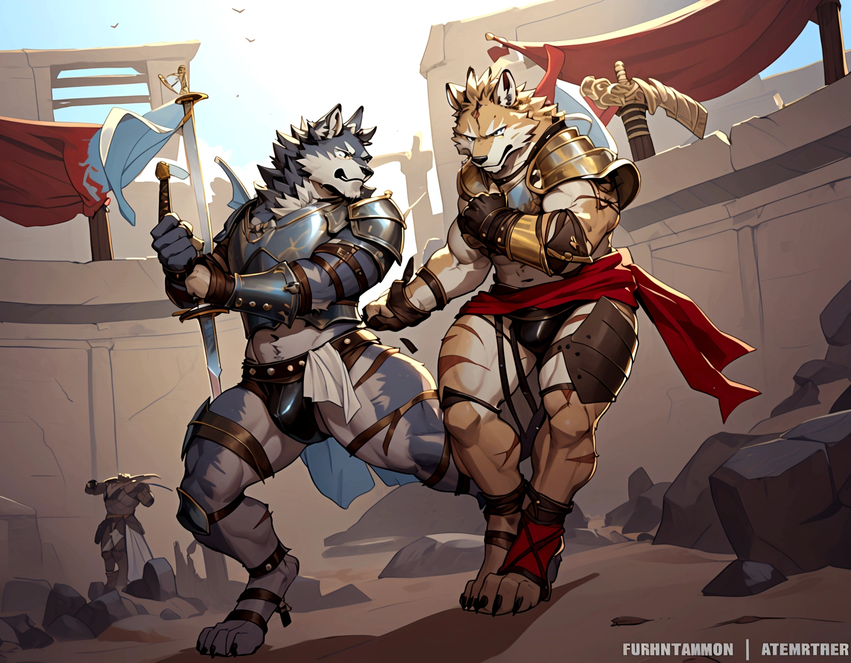 Couple of Sexy young anthro furry wolfes male mercenary gladiators, slim endomorph muscular, handsome gay model male apperance, they are fighting with swords on desert ancient arena, sword duel, angry anger look, rage, sword scars, worn out leather skimpy armament, low on hips heavy leather belt, old very worn out skimpy dirty linen material jockstrap, old yellow dirty worn out stains on white sawn jockstrap, very visible "x" brown seam pattern on the jockstrap, studded skimpy armlets breastplate armor, skimpy breastplate, leather bondages, fingerless leather gloves, smelly unwashed furr, dirty body look, both of them hold sword in hand, proffesional abathomt, correct anathomy, five fingers, correct muscules building, correct sword hold in hand,