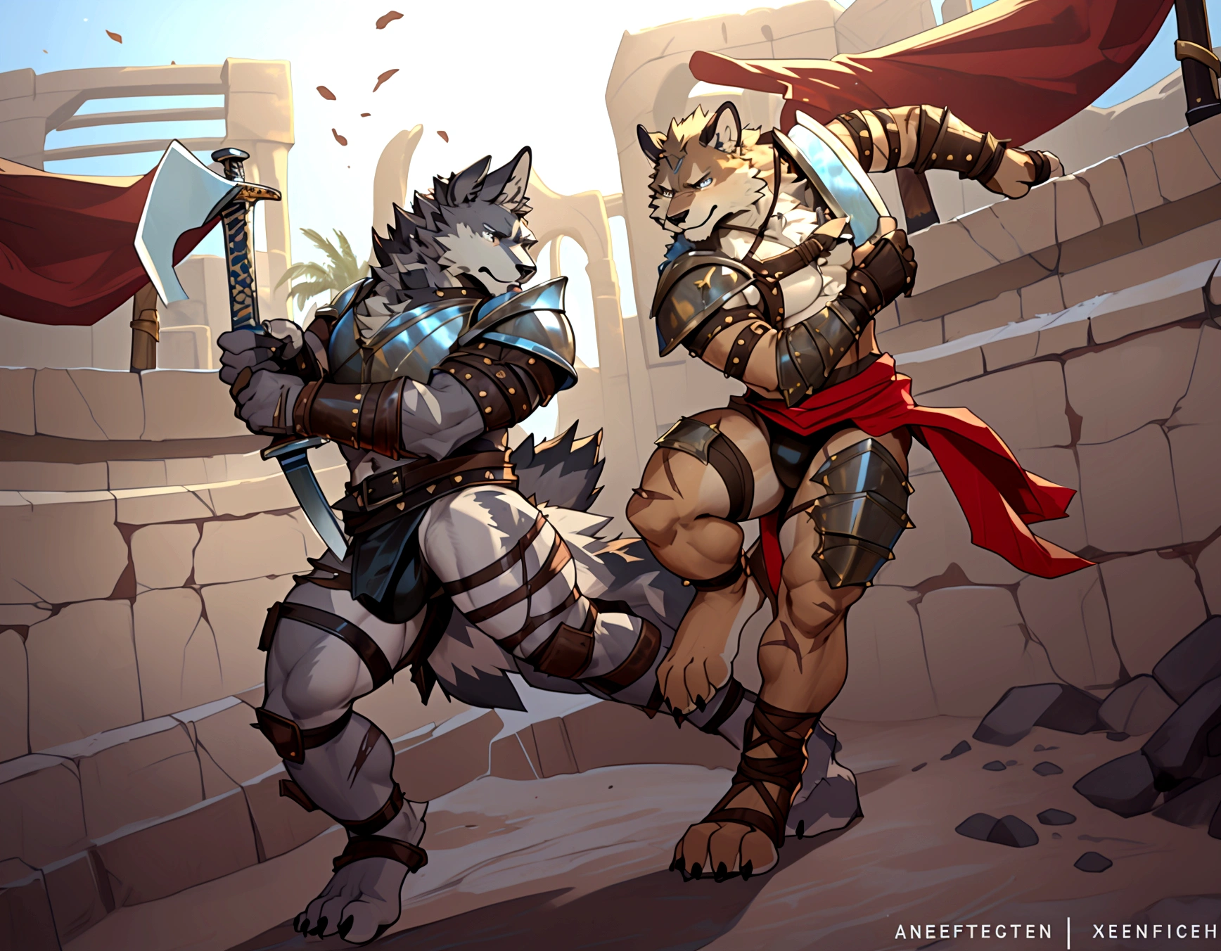 Couple of Sexy young anthro furry wolfes male mercenary gladiators, slim endomorph muscular, handsome gay model male apperance, they are fighting with swords on desert ancient arena, sword duel, angry anger look, rage, sword scars, worn out leather skimpy armament, low on hips heavy leather belt, old very worn out skimpy dirty linen material jockstrap, old yellow dirty worn out stains on white sawn jockstrap, very visible "x" brown seam pattern on the jockstrap, studded skimpy armlets breastplate armor, skimpy breastplate, leather bondages, fingerless leather gloves, smelly unwashed furr, dirty body look, both of them hold sword in hand, proffesional abathomt, correct anathomy, five fingers, correct muscules building, correct sword hold in hand,