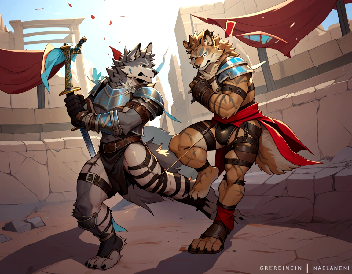 Couple of Sexy young anthro furry wolfes male mercenary gladiators, slim endomorph muscular, handsome gay model male apperance, they are fighting with swords on desert ancient arena, sword duel, angry anger look, rage, sword scars, worn out leather skimpy armament, low on hips heavy leather belt, old very worn out skimpy dirty linen material jockstrap, old yellow dirty worn out stains on white sawn jockstrap, very visible "x" brown seam pattern on the jockstrap, studded skimpy armlets breastplate armor, skimpy breastplate, leather bondages, fingerless leather gloves, smelly unwashed furr, dirty body look, both of them hold sword in hand, proffesional abathomt, correct anathomy, five fingers, correct muscules building, correct sword hold in hand,