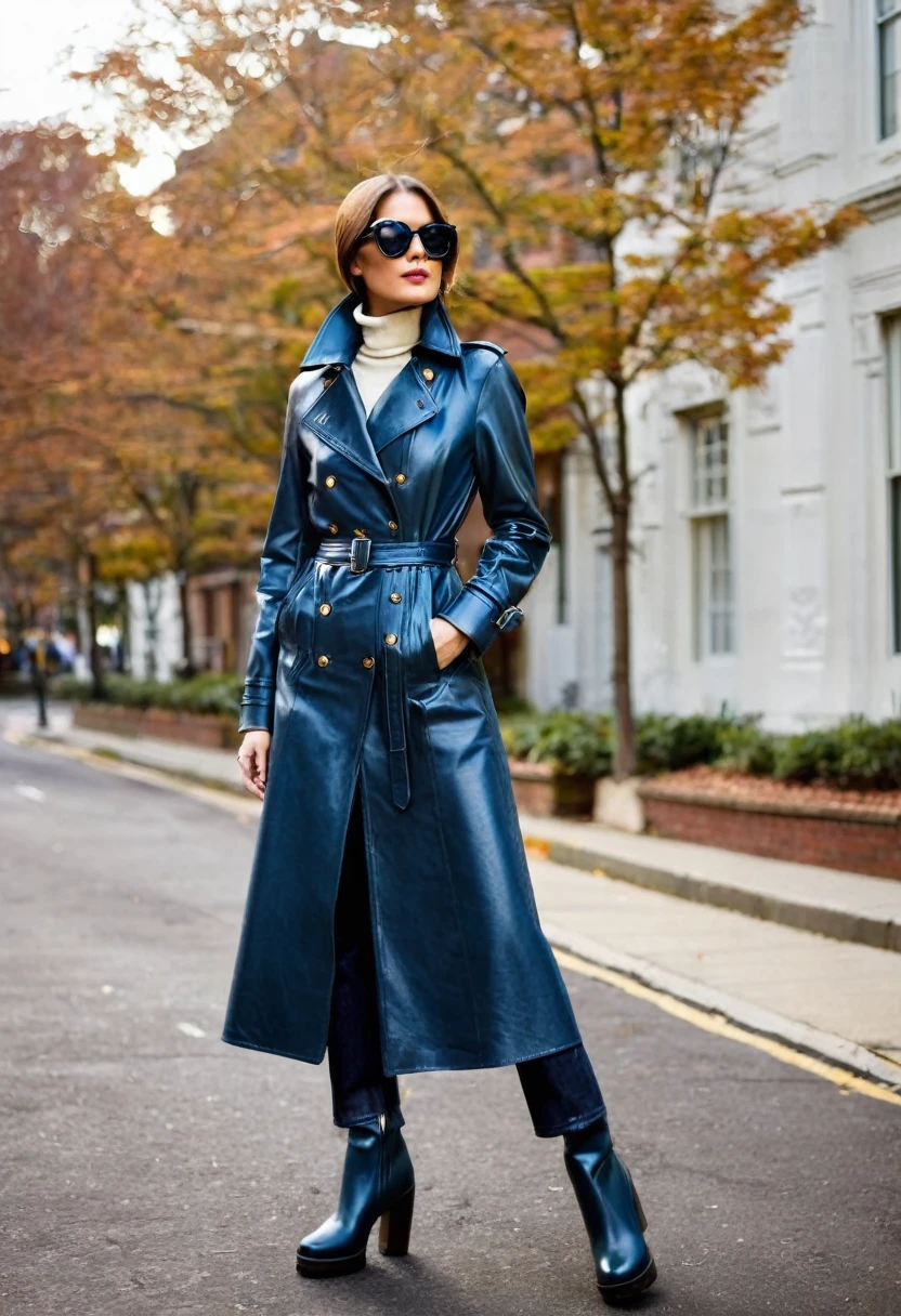 Mix a vintage-style leather trench  with flared jeans and a turtleneck. Accessorize with retro sunglasses and platform boots for a throwback to the 70s with a modern twist.