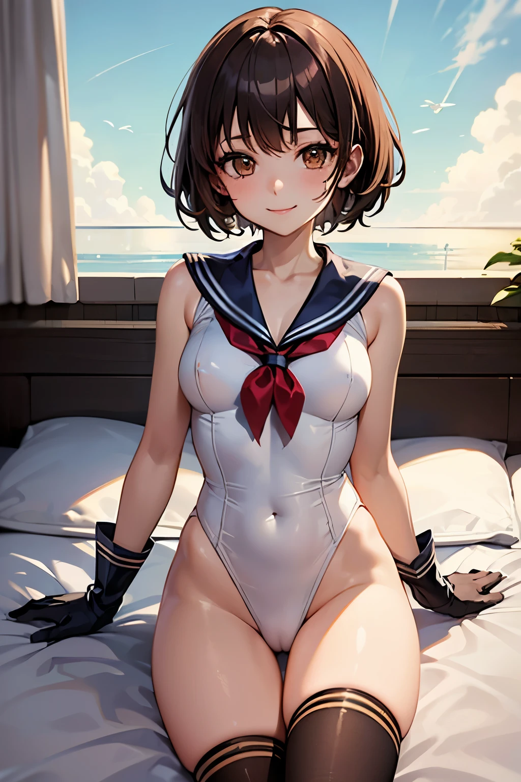 Highest quality, (masterpiece:1.2), Very detailed, 
One girl, alone,
View your viewers, smile, Medium chest, 
Brown eyes, Brown Hair, short hair, naked、((Thigh-high socks))、On the bed、((Sailor Warriors))、((Long gloves))、leotard