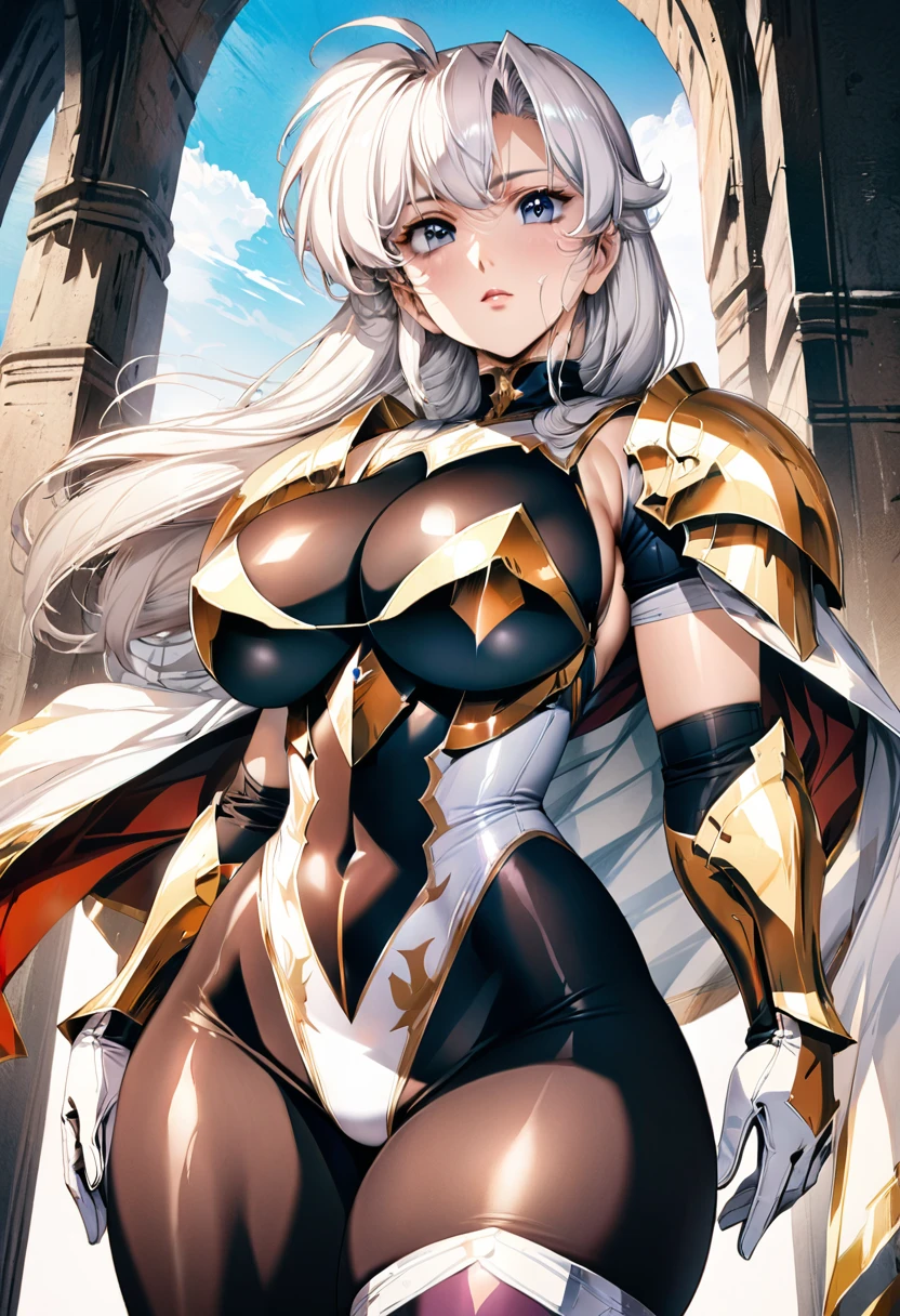 ((highest quality)), ((masterpiece)), ((hyperrealistic)), (detailed background), 1girl, ((curvy: 1.2)), ((Sparkling sequin lame leotard armor: 1.3)), ((catsuit)), ((paladin armor)), (long skirt dress), cloak de cour, gauntlet, gloves, white hair, ahoge, (huge breasts: 1.3), (see-through cleavage cutout), (zettai ryouiki armored thigh high boots), (thighs), (groin area), beautiful eyes, perfect face, Perfect hands, perfect fingers, Blue sky and grassland,