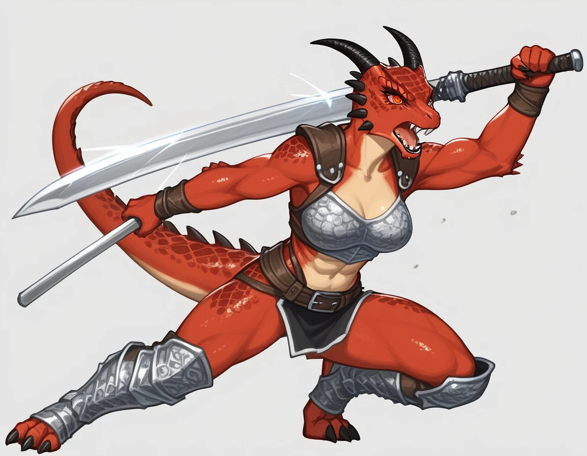 Solo, score_9,score_8_up,score_7_up, kemono style, Anthro Argonian female from skyrim, Anthro reptile girl, snout, red scaled skin, glowing red eyes, black lips, black horns, black ram horns, athletic body, , standing, neutral pose,