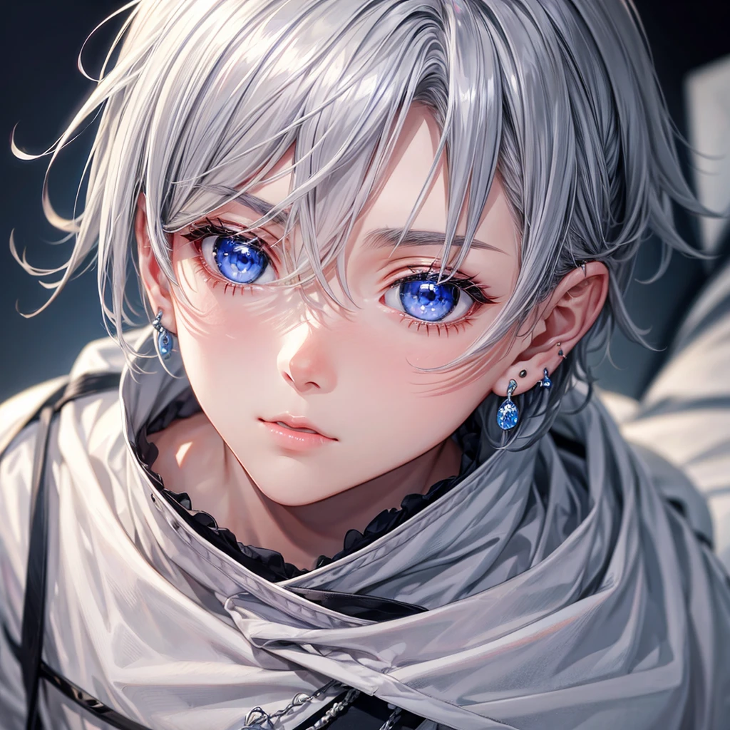 Gray Hair、blue eyes、boy、Earrings、Beautiful Boy