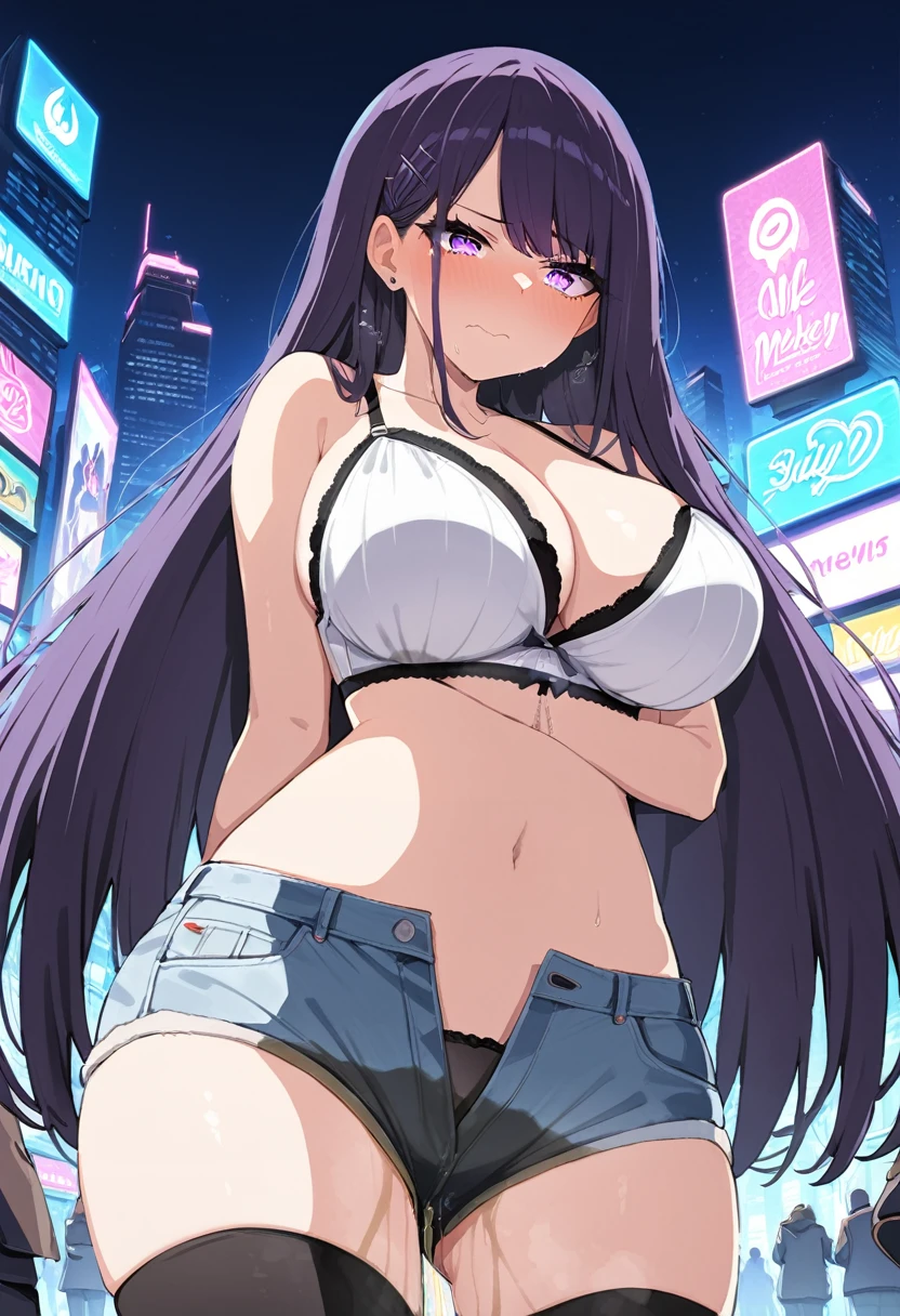 (masterpiece:1.37), best quality, (extremely detailed:1.37), woman, (mature:1.5), (adult:1.5), large breasts, very long hair, (straight hair:1.5), dark purple hair, purple eyes, (extremely detailed eyes:1.37), crop top, cleavage, navel, cleft of Venus, jeans, desperation, (wetting self:1.5), standing, embarrassed, humiliation, blushing, angry, city, futuristic, neon lighting, high-tech, street, skyscraper