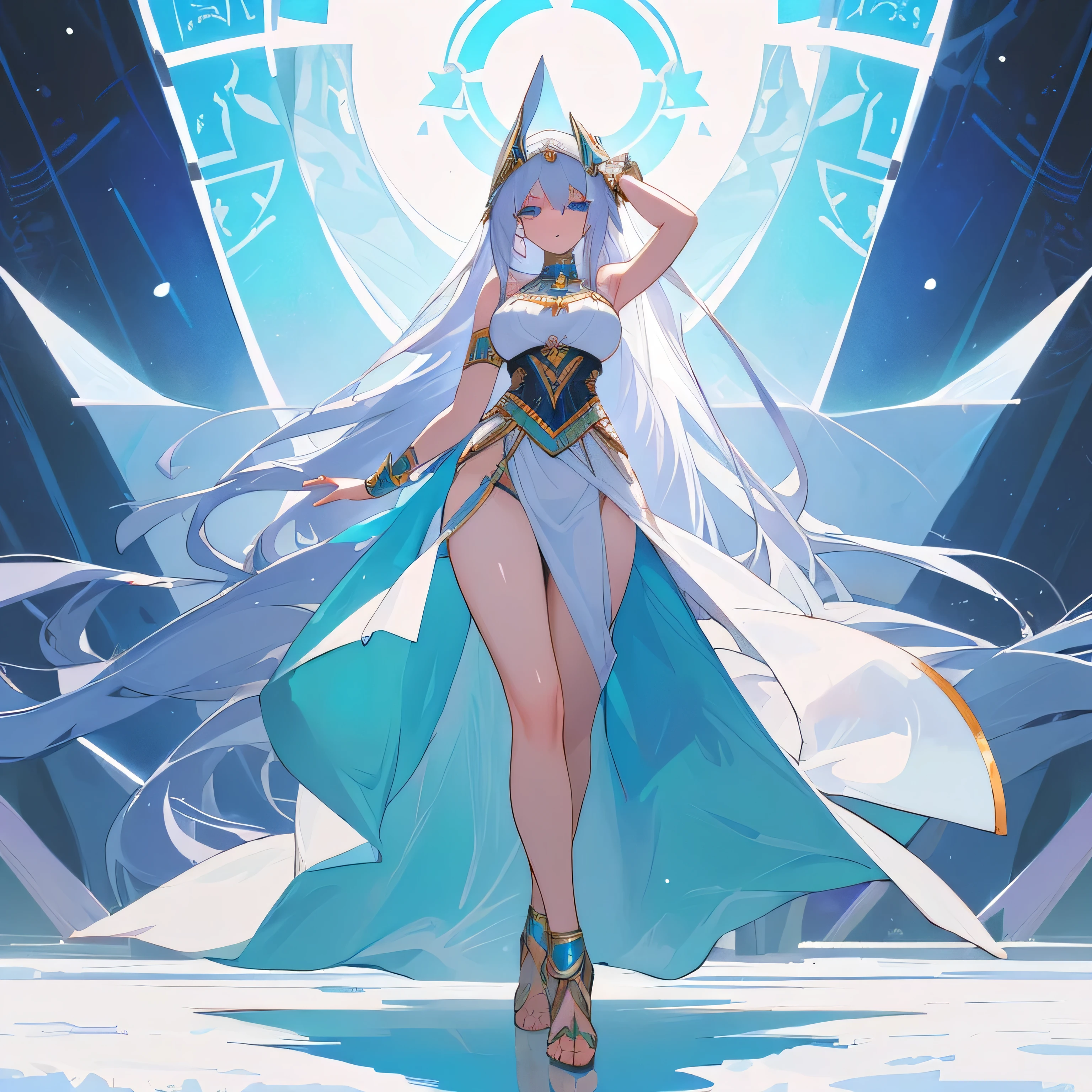Long, waist-length platinum hair with stunning piercing blue eyes with snow-white skin, corpo magro sexy , peito grandes , no facial expression, sexy, pouca roupa , curvas sexuais, egyptian goddess outfit, olhando para frente, STANDING, de frente, showing from head to toe, sensual, olhando para o espectadorpostura ereta, with shoulders back and head up, directing the gaze directly at you in the image. Sexy , sensual, pouca roupa, Egyptian outfit. Olhando para o expectador