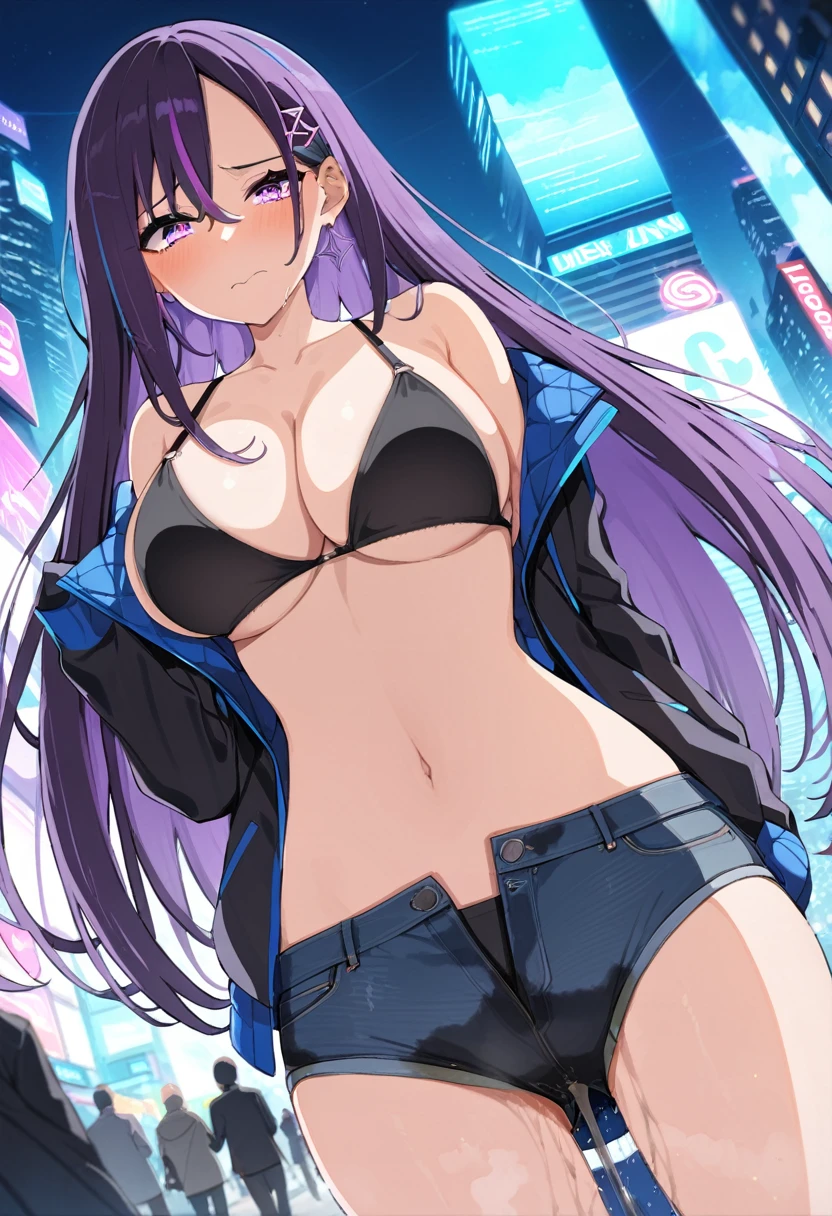 (masterpiece:1.37), best quality, (extremely detailed:1.37), woman, (mature:1.5), (adult:1.5), large breasts, very long hair, (straight hair:1.5), dark purple hair, purple eyes, (extremely detailed eyes:1.37), crop top, cleavage, navel, cleft of Venus, jeans, desperation, (wetting self:1.5), standing, embarrassed, humiliation, blushing, angry, city, futuristic, neon lighting, high-tech, street, skyscraper