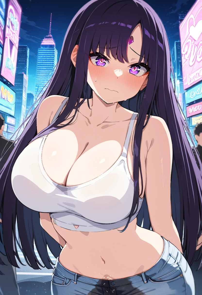 (masterpiece:1.37), best quality, (extremely detailed:1.37), woman, (:1.5), (adult:1.5), large breast long hair, (straight hair:1.5), dark purple hair, purple eyes, (extremely detailed eyes:1.37), crop top, cleavage, navt of Venus, jeans, desperation, (wetting self:1.5), standing, embarrassed, humiliation, blushing, angry, city, futuristic, neon lighting, high-tech, street, skyscraper