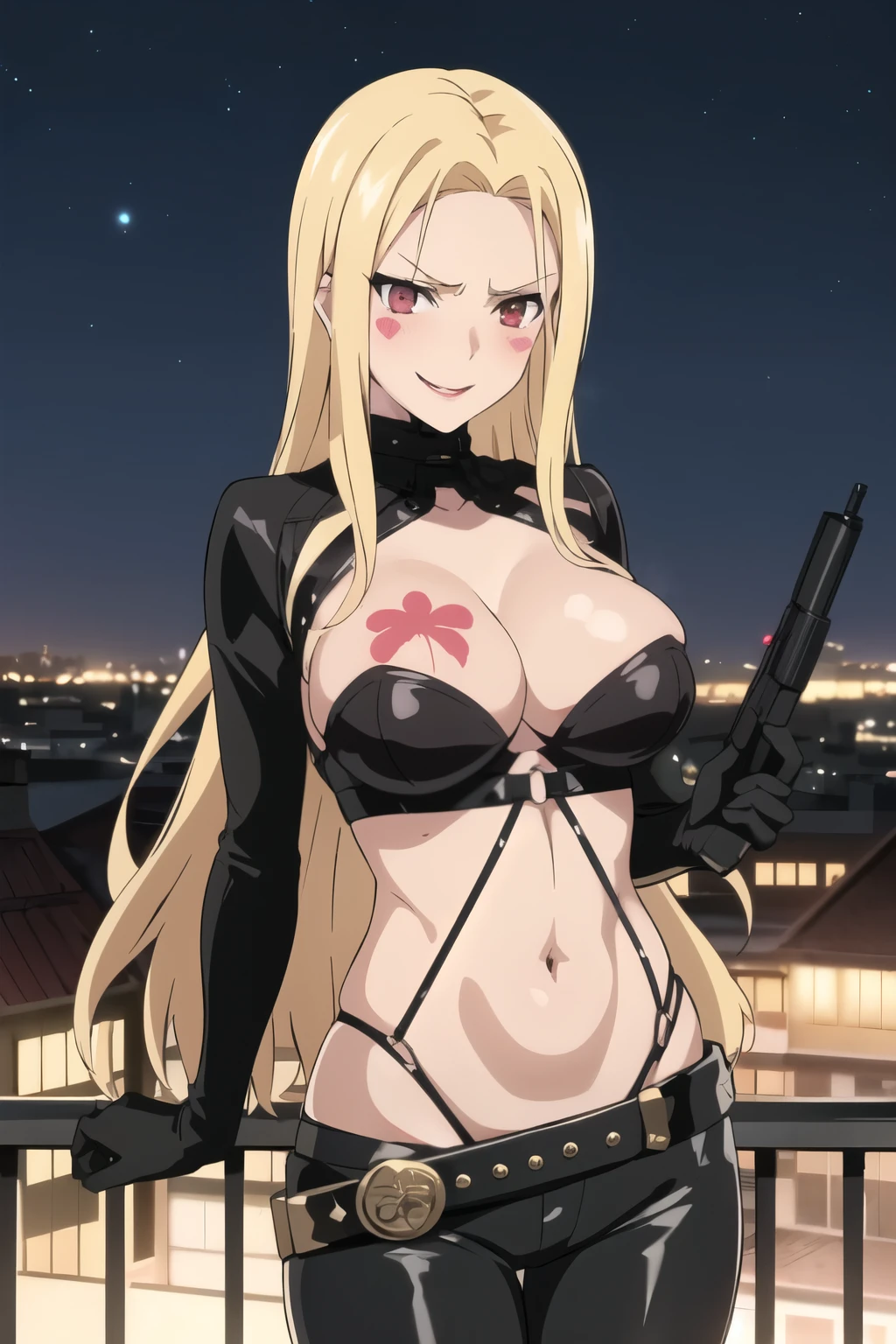 1girl, solo, standing, aaluis, facial mark, mole under mouth,breast tattoo, , long hair, large breasts, ear piercing, long hair, blush, lipstick, Hot girl, baddie, staring, glaring, bad attitude, mean girl, dare, angry, hate, crazy, smoking, sensual, attractive,fur trim, mature female, gloves, fur-trimmed coat , outdoors, rooftop, cityscape, building, railing, night, night sky, scenery, moon, city lights, gloves, masterpiece, best quality, highly detailed, a girls with a gun, evil smile , open mouth, sexy gaze, badass pose , evil smile, smile, (nsfw) not safe for work, guns blazing, anime girl with long hair, beautiful long haired girl, navel, evil expression, exposed belly, exposed navel, exposed midriff, exposed lower belly, long black pants, crop top, cleavage, unbuttoned leather pants ,open fly, low rise black leather pants, leather jacket, holding a gun,