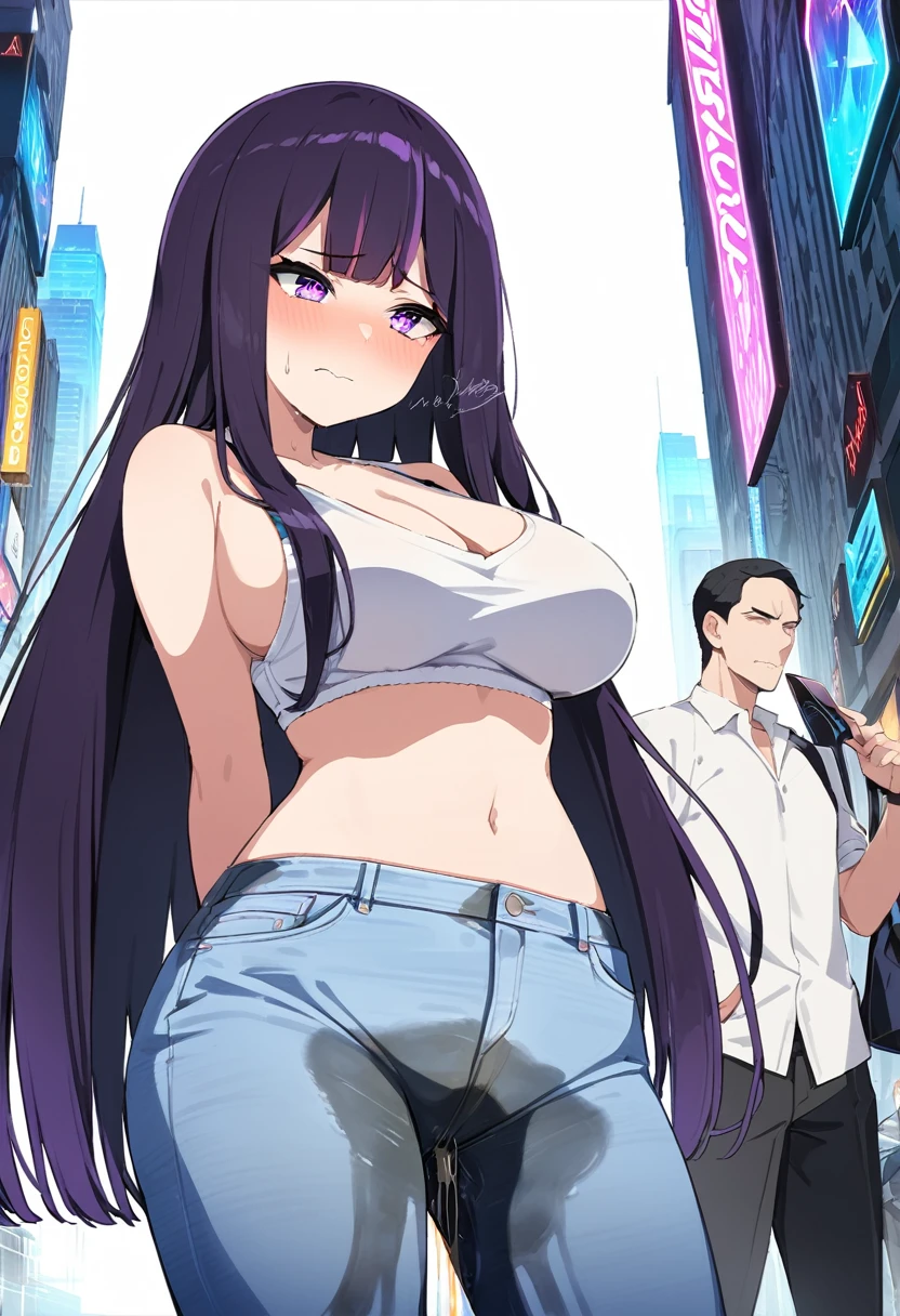 (masterpiece:1.37), best quality, (extremely detailed:1.37), woman, (mature:1.5), (adult:1.5), large breasts, very long hair, (straight hair:1.5), dark purple hair, purple eyes, (extremely detailed eyes:1.37), crop top, cleavage, navel, cleft of Venus, jeans, desperation, (wetting self:1.5), standing, embarrassed, humiliation, blushing, angry, city, futuristic, neon lighting, high-tech, street, skyscraper