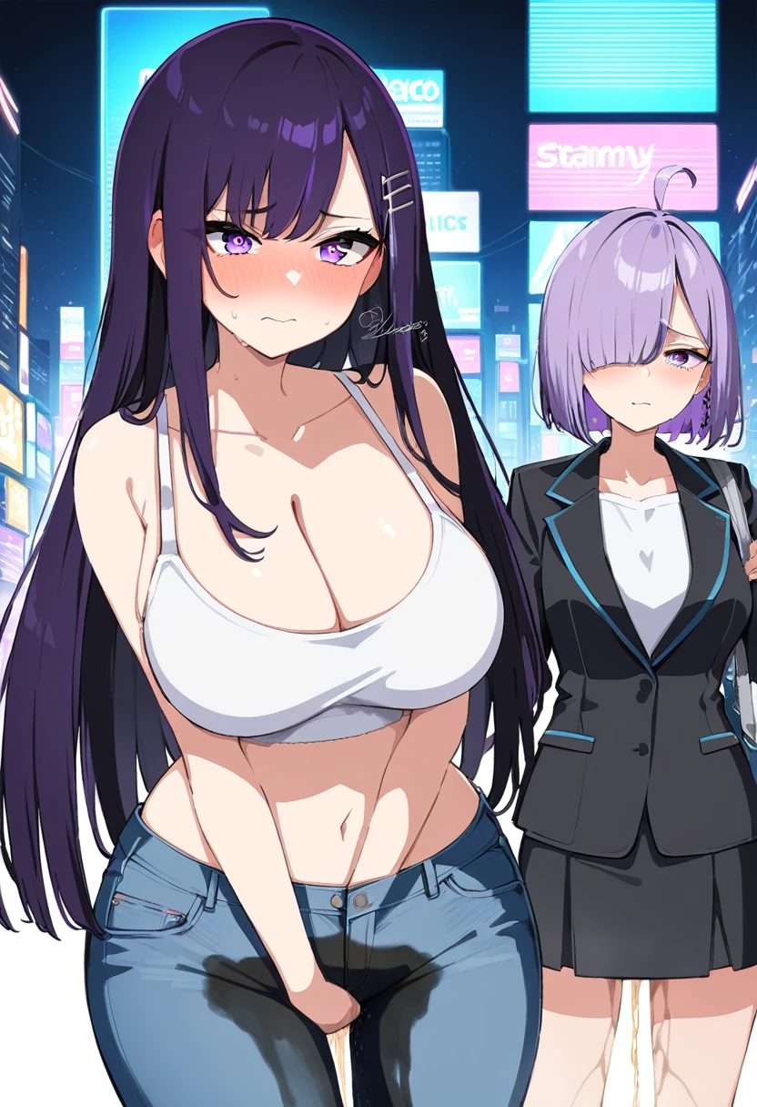 (masterpiece:1.37), best quality, (extremely detailed:1.37), woman, (mature:1.5), (adult:1.5), large breasts, very long hair, (straight hair:1.5), dark purple hair, purple eyes, (extremely detailed eyes:1.37), crop top, cleavage, navel, cleft of Venus, jeans, desperation, (wetting self:1.5), standing, embarrassed, humiliation, blushing, angry, city, futuristic, neon lighting, high-tech, street, skyscraper