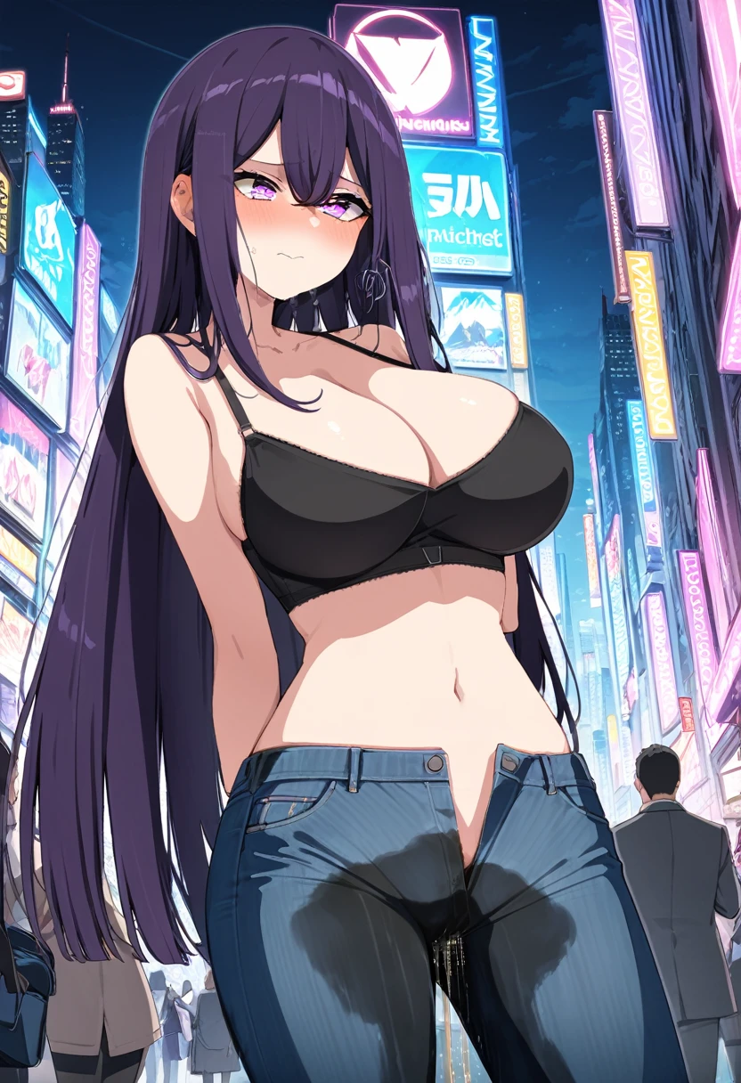 (masterpiece:1.37), best quality, (extremely detailed:1.37), woman, (mature:1.5), (adult:1.5), large breasts, very long hair, (straight hair:1.5), dark purple hair, purple eyes, (extremely detailed eyes:1.37), crop top, cleavage, navel, cleft of Venus, jeans, desperation, (wetting self:1.5), standing, embarrassed, humiliation, blushing, angry, city, futuristic, neon lighting, high-tech, street, skyscraper