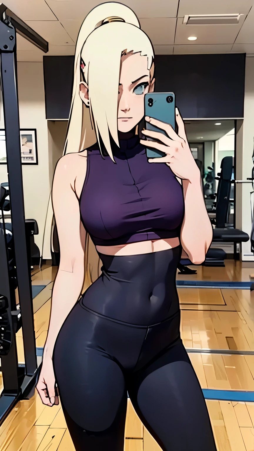 ((Best quality)), ((masterpiece)), (detailed), perfect face, yamanaka ino, black skinny leggings, in the gym, On the yoga mat, takes a selfie in the mirror