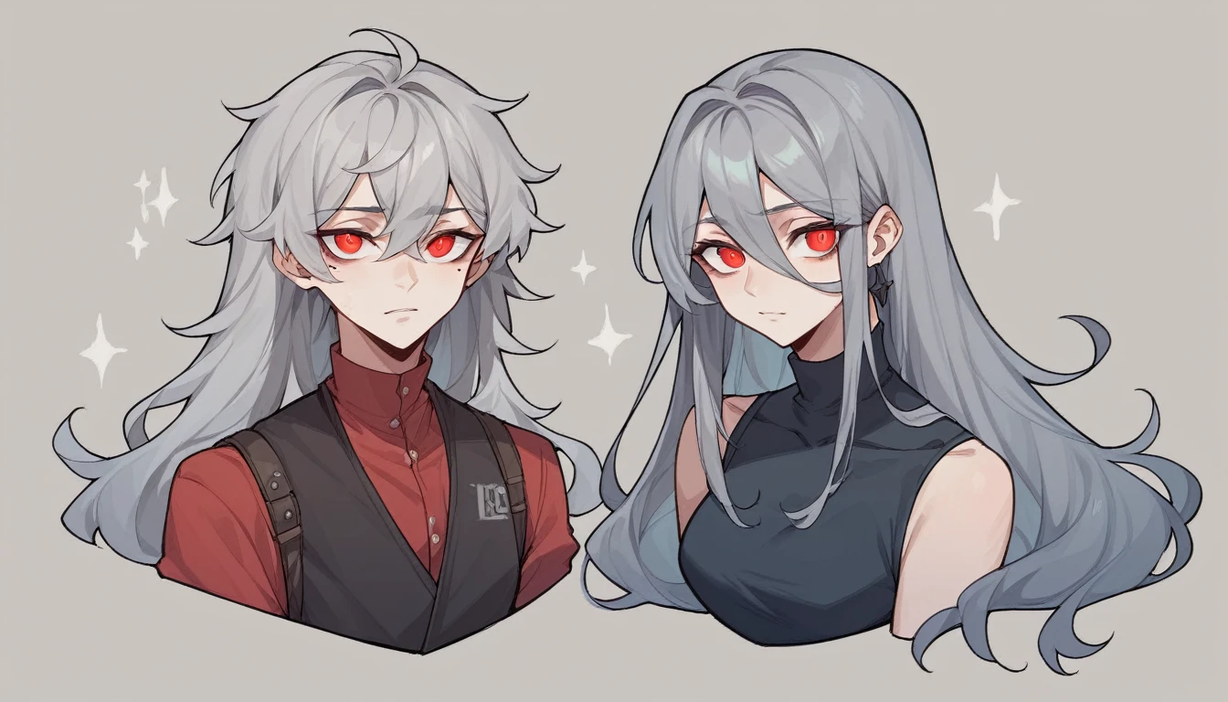 Teen Girl Characters。gray hair color、Glowing red eyes、Long Hair、There is a mole under the left eye。On a transparent background、Depict people only。