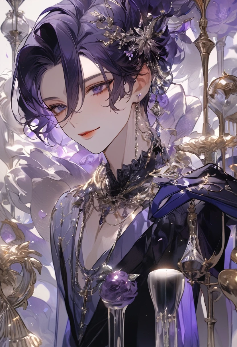 Feminine boy, soft womanish facial features, smile, squinted siren dark blue eyes without glare, silver and dark purple long loose hair with straight bang, fantasy black clothes with blue and purple elements, long black gloves, model, gorgeous, elegant, lots of silver jewelry, flowers in his hair, skinny body, hourglass figure, light lipstick