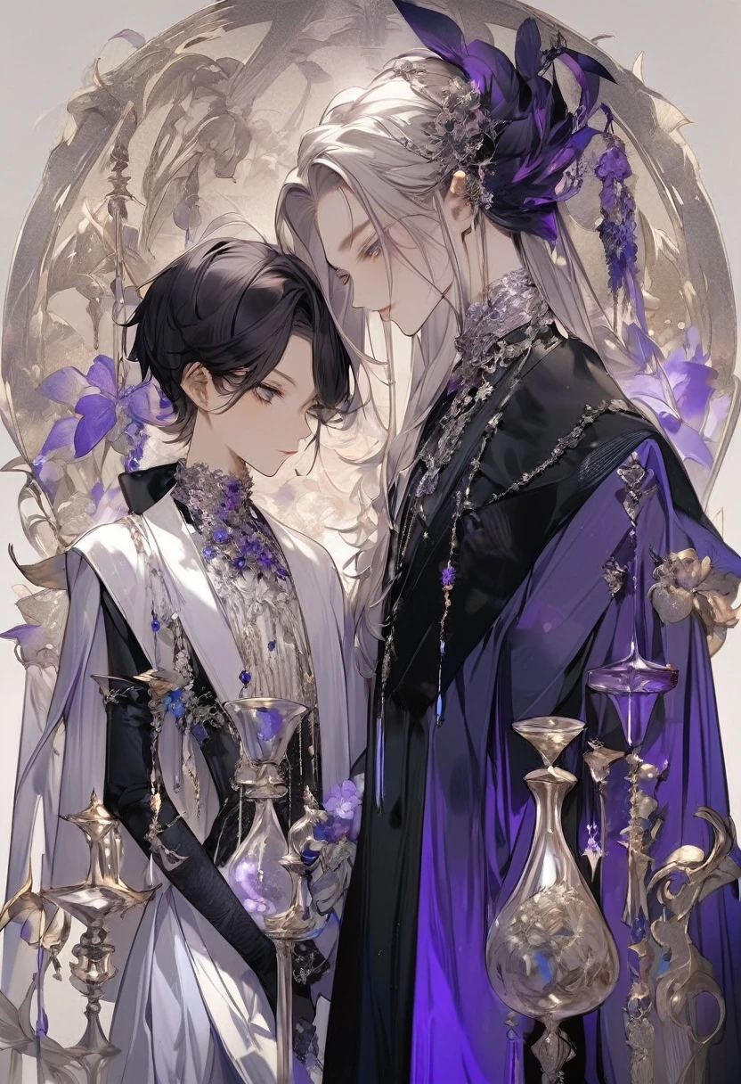 Feminine boy, soft womanish facial features, smile, squinted siren dark blue eyes without glare, silver and dark purple long loose hair with straight bang, fantasy black clothes with blue and purple elements, long black gloves, model, gorgeous, elegant, lots of silver jewelry, flowers in his hair, skinny body, hourglass figure, light lipstick