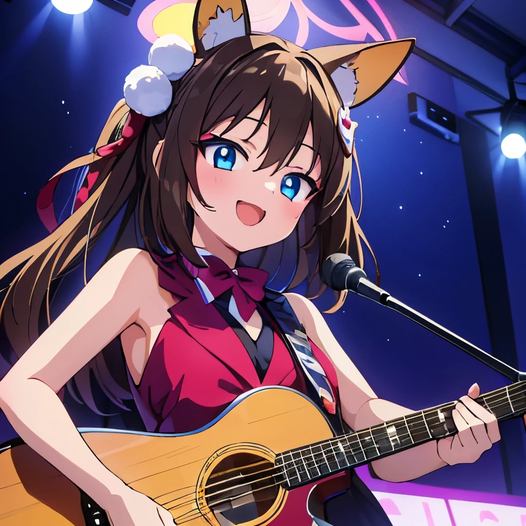 ((masterpiece)), ((best quality)), (ultra-detailed), anime style, Live performance venue, a cute girl, 1girl, solo, playing the guitar00, bunny girl00, ((beautiful eyes))0, smile