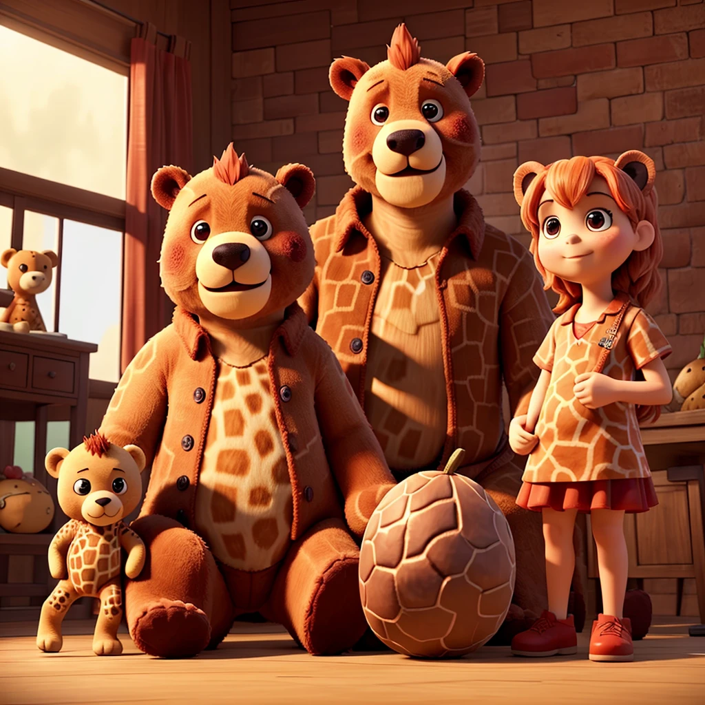 The red pineapple against a giant teddy bear with an evil giraffe head