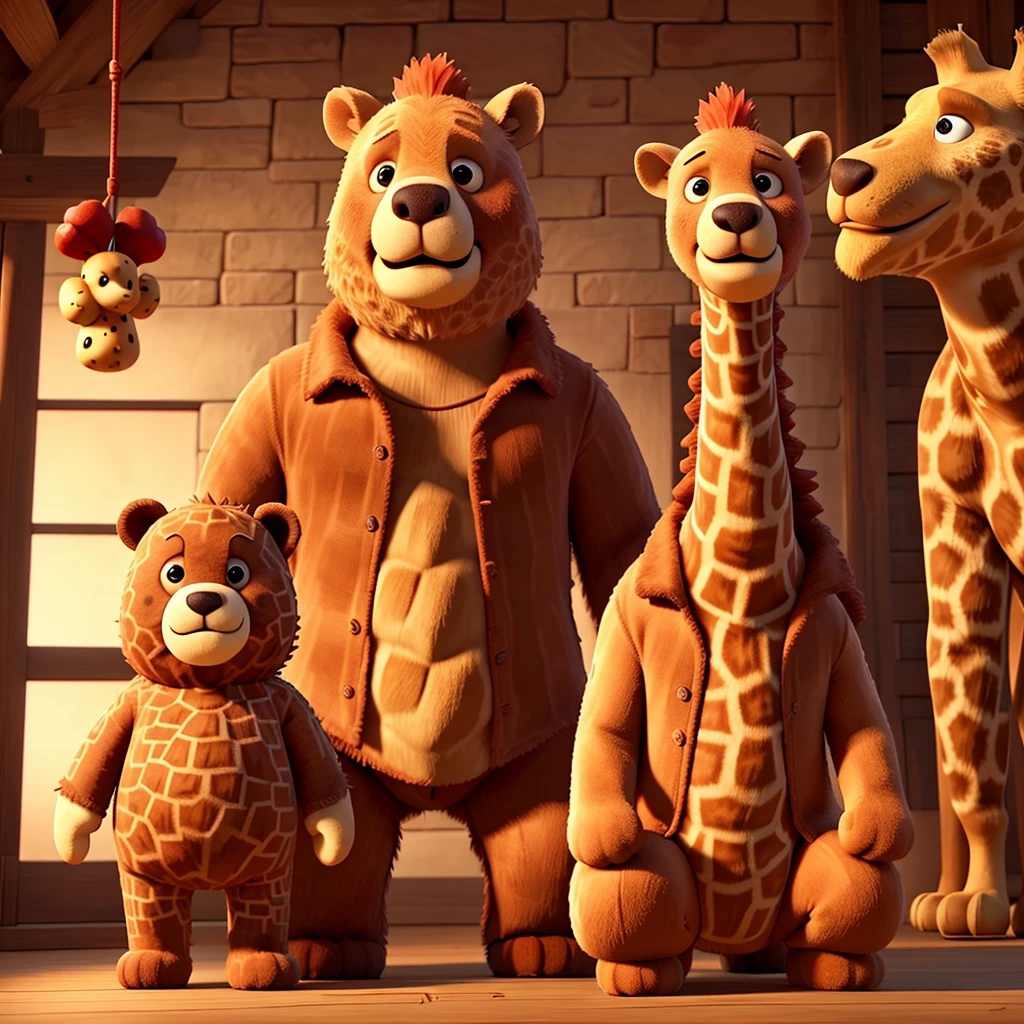 The red pineapple against a giant teddy bear with an evil giraffe head